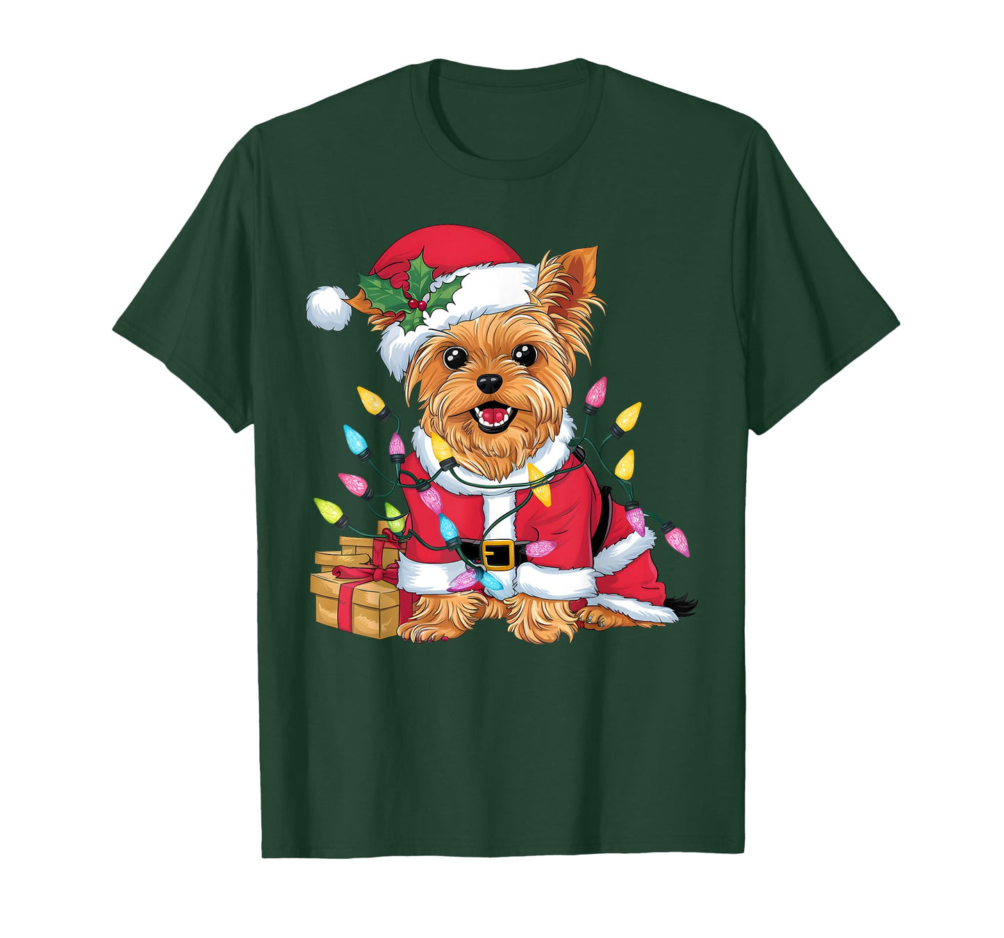 Family Xmas Lighting Santa Yorkie Dog Christmas T-Shirt