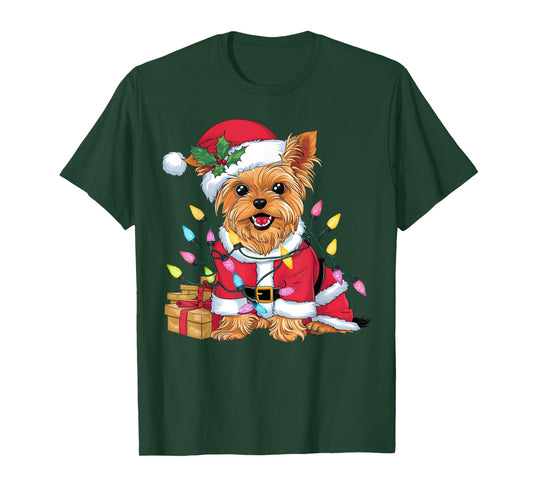 Family Xmas Lighting Santa Yorkie Dog Christmas T-Shirt