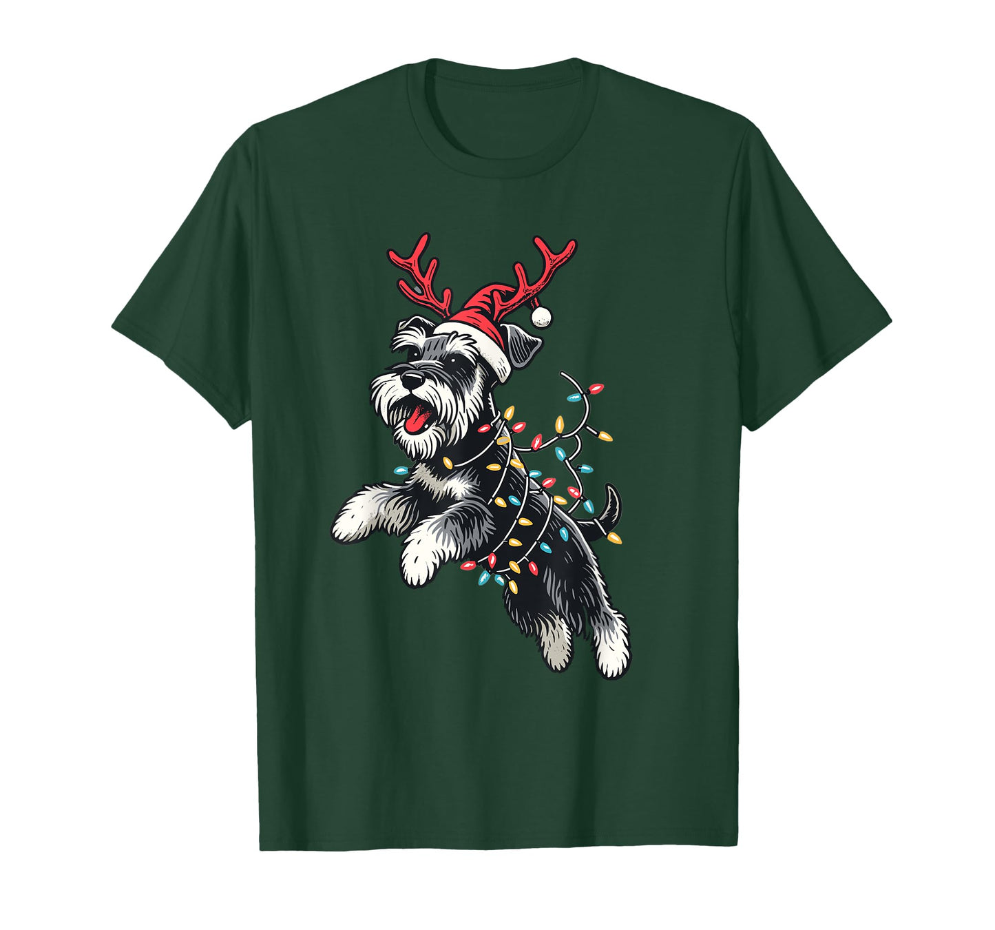 Miniature Schnauzer Dog Santa Hat Christmas Lights Pajama T-Shirt for Men Women Kids
