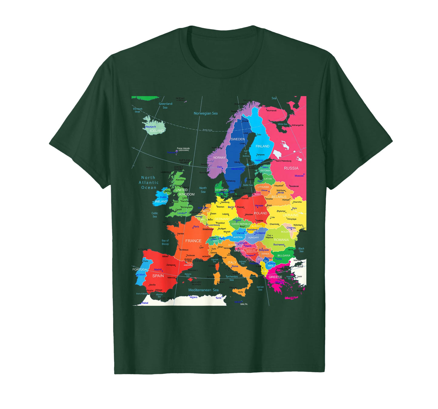 Map of Europe with Border, Countries, Capitals, Large Cities T-Shirt