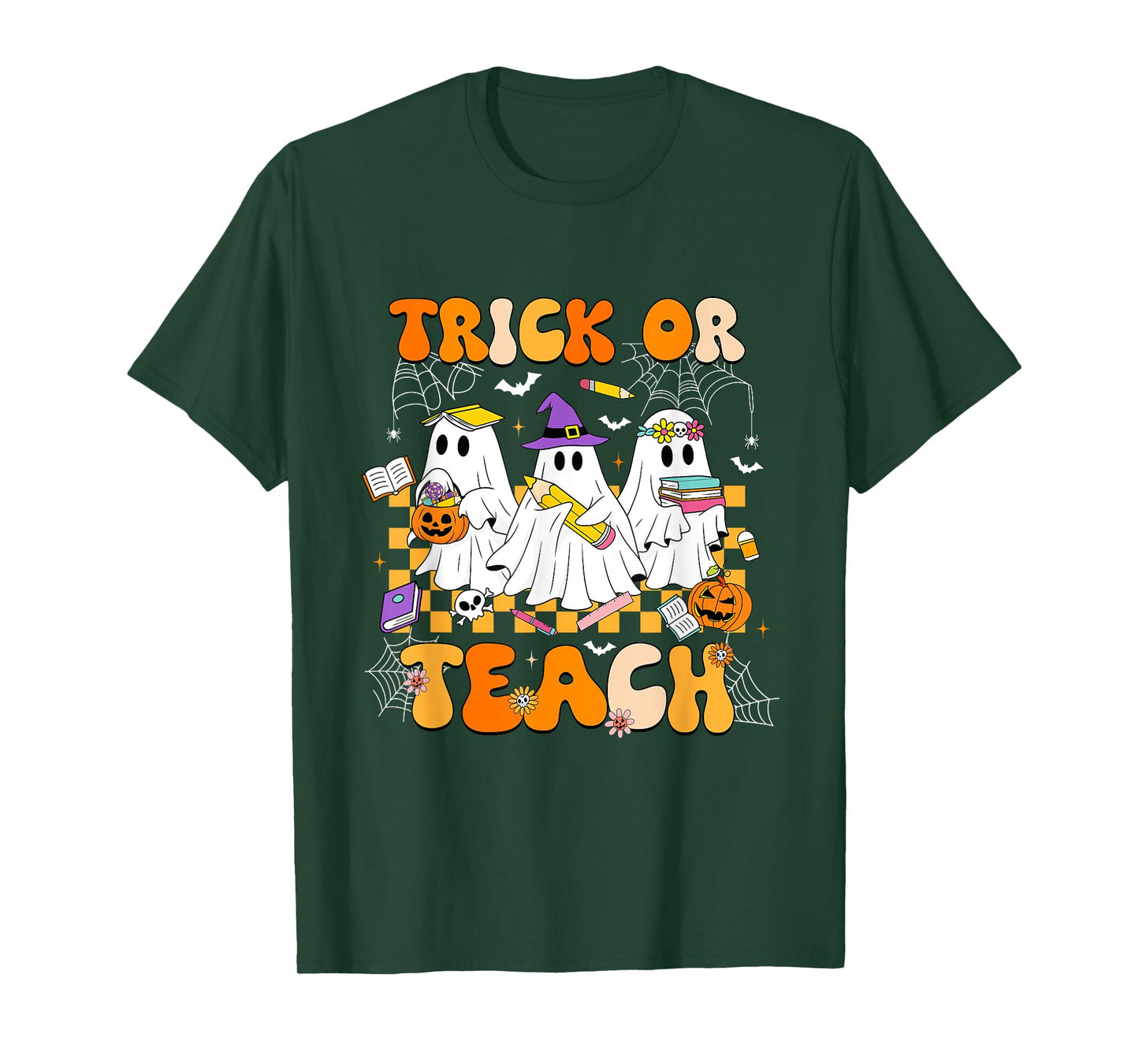 Trick Or Teach Groovy Teacher Halloween Floral Ghost Women T-Shirt