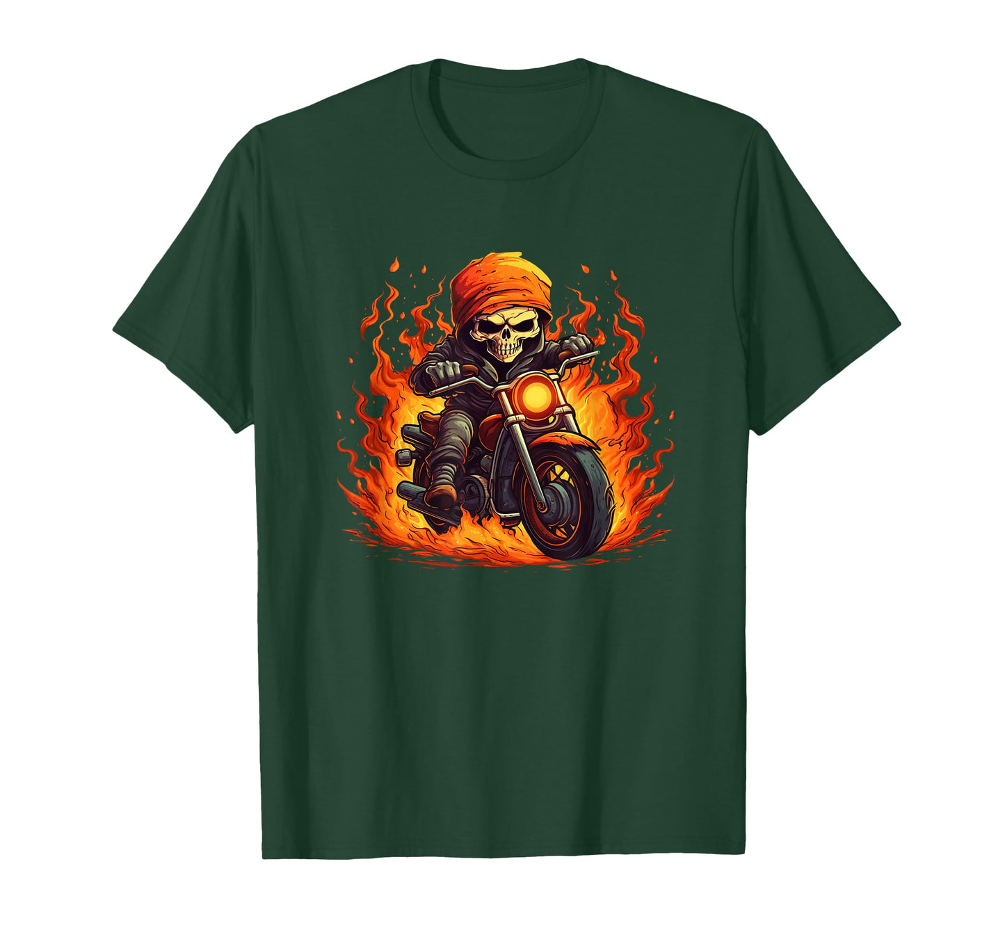 Fire Skull with Motorcycle for Flames Graphic Lovers T-Shirt