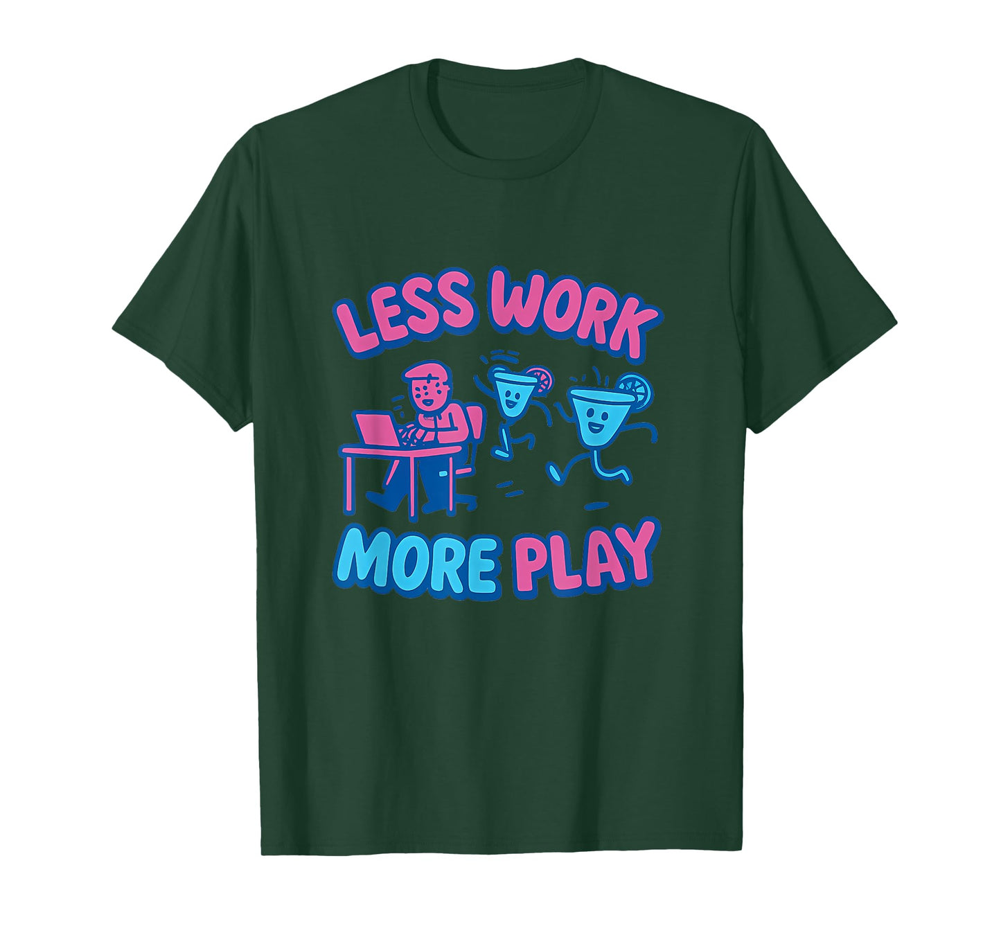 Cartoon Funny Less Work More Play Margarita Party Graphic T-Shirt