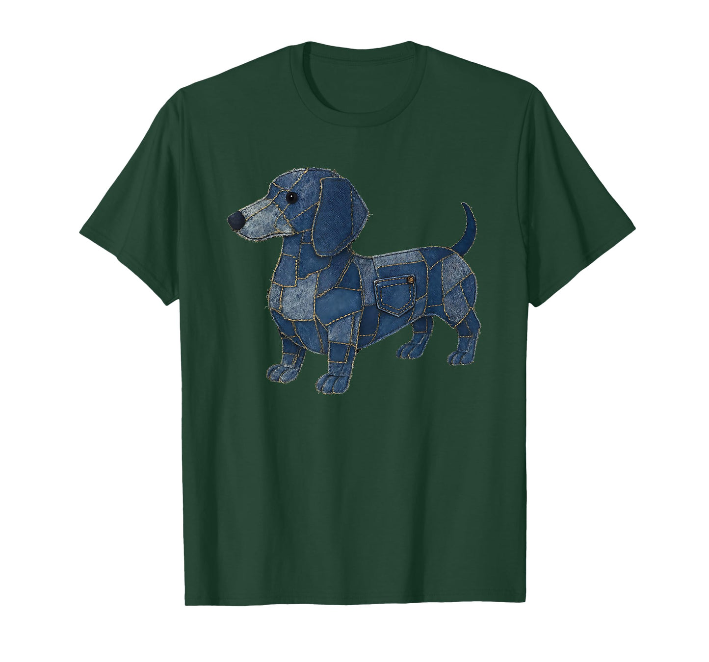 Dog Pattern Denim Patchwork Sausage Wiener Dachshund Tee T-Shirt