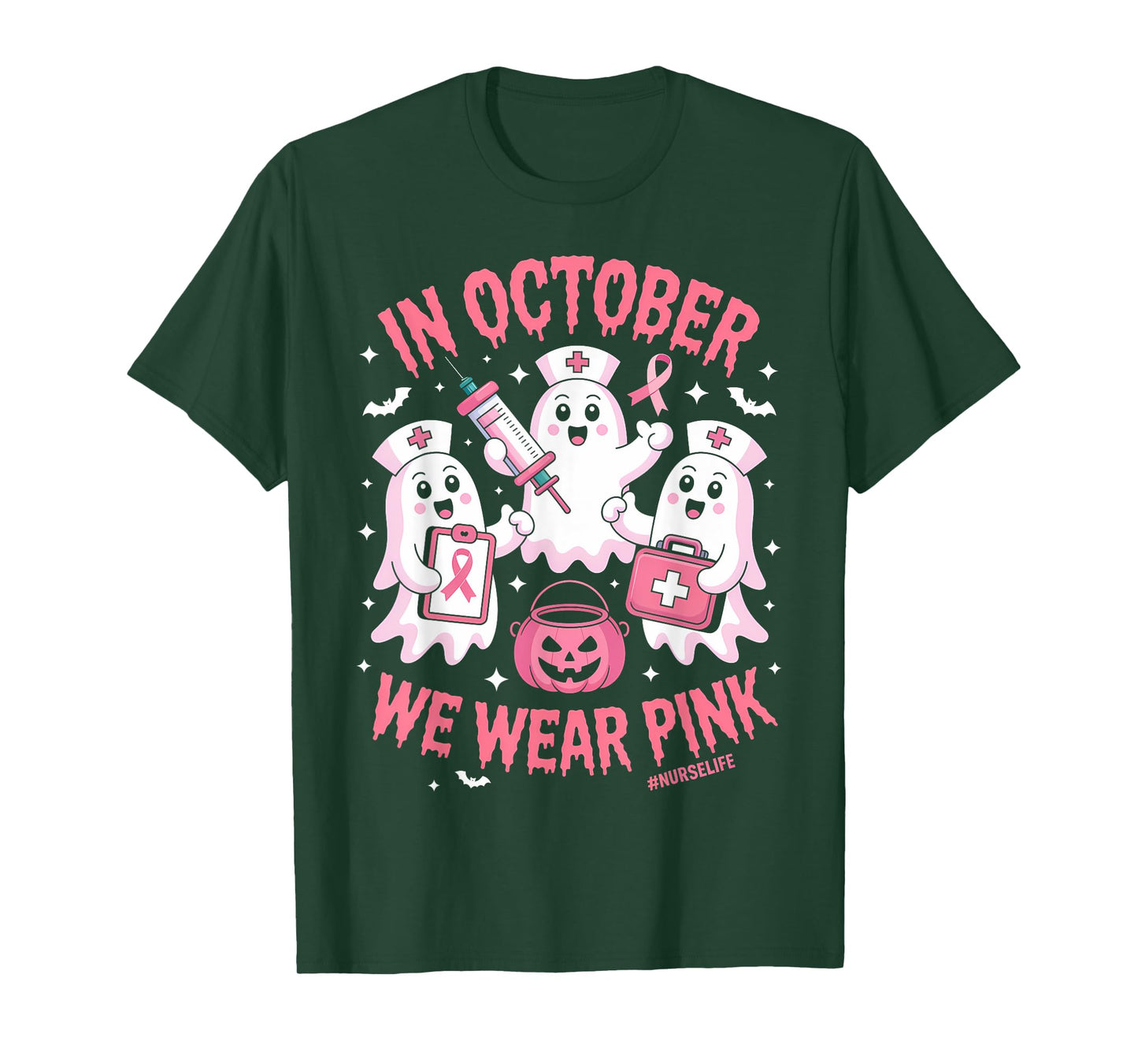 In October We Wear Pink Nurse Ghost Halloween Breast Cancer T-Shirt