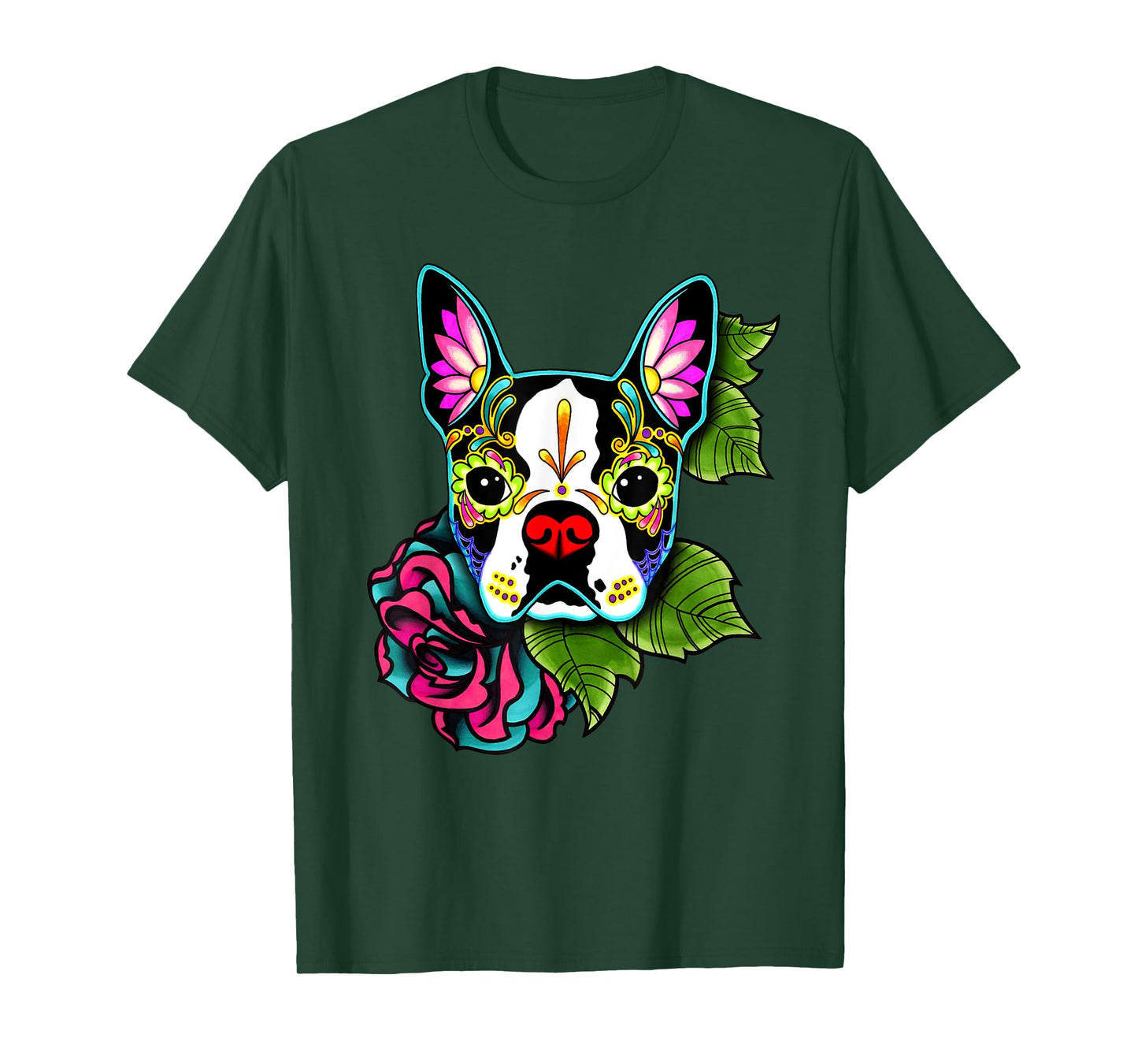 Boston Terrier in Black - Day of the Dead Sugar Skull Dog T-Shirt for Men Women Kids