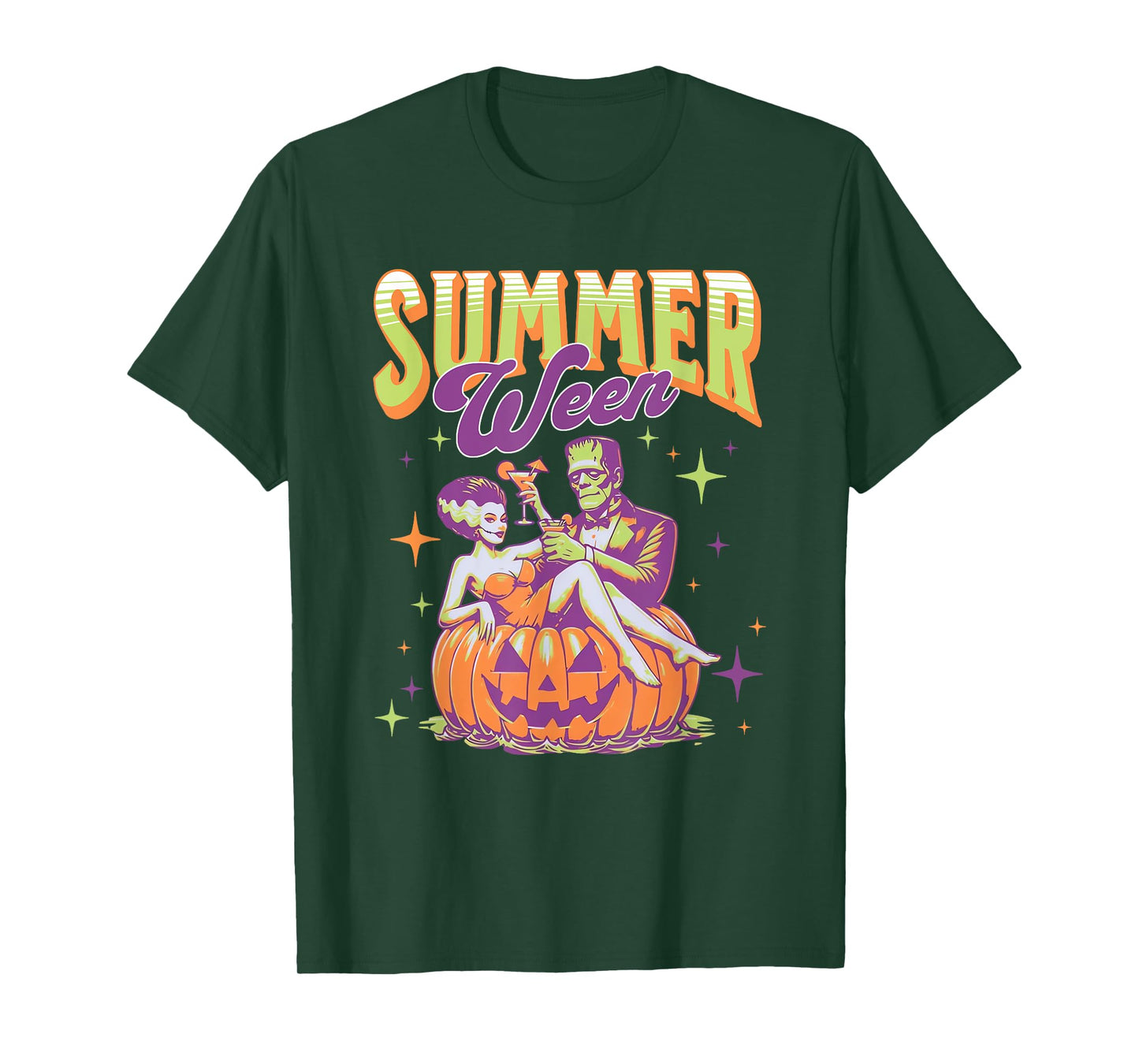 Retro Happy Summerween Funny Frankenstein Monster And Bride T-Shirt