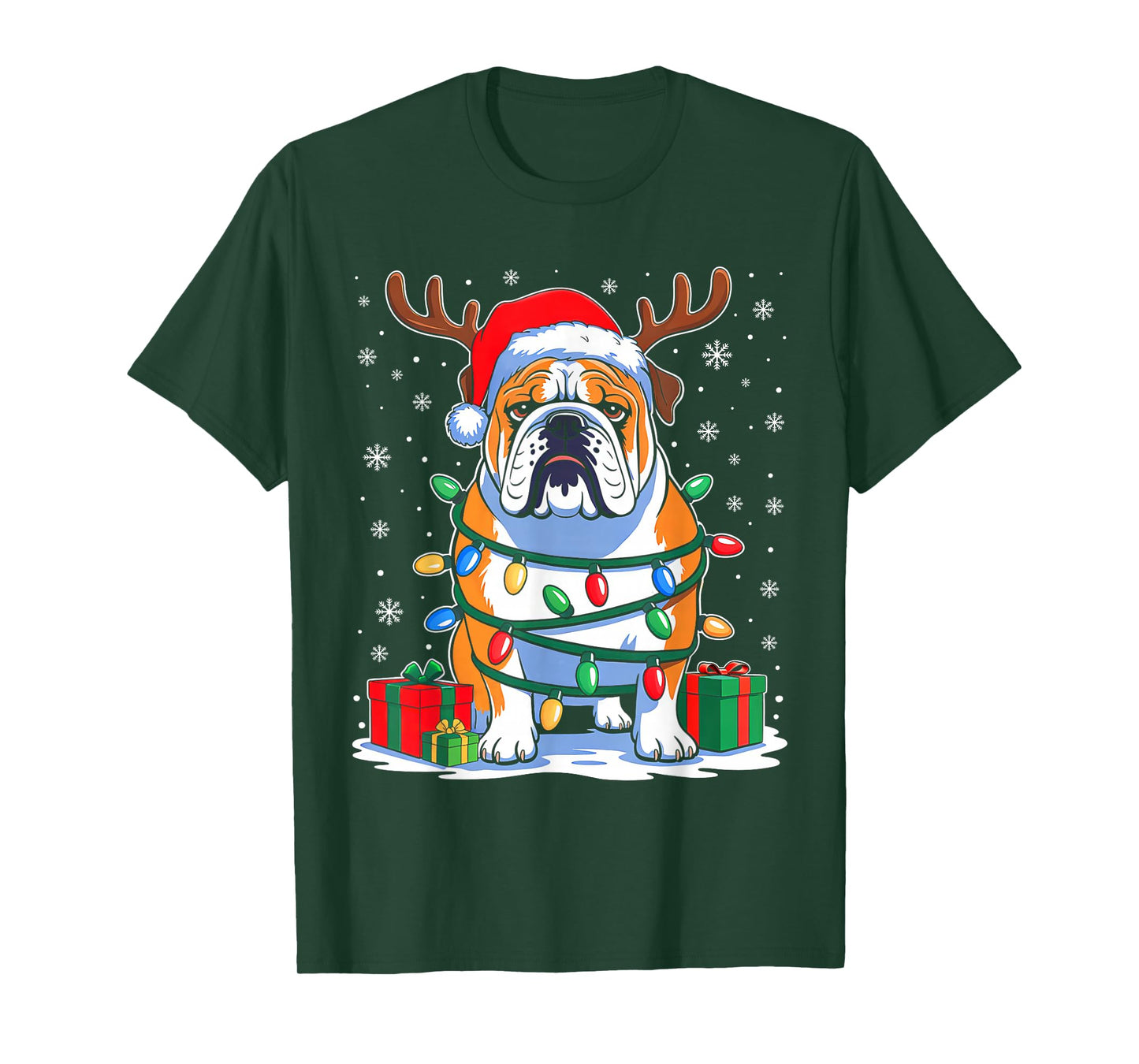 English Bulldog Dog Christmas Lights Santa Hat Xmas Pajamas T-Shirt