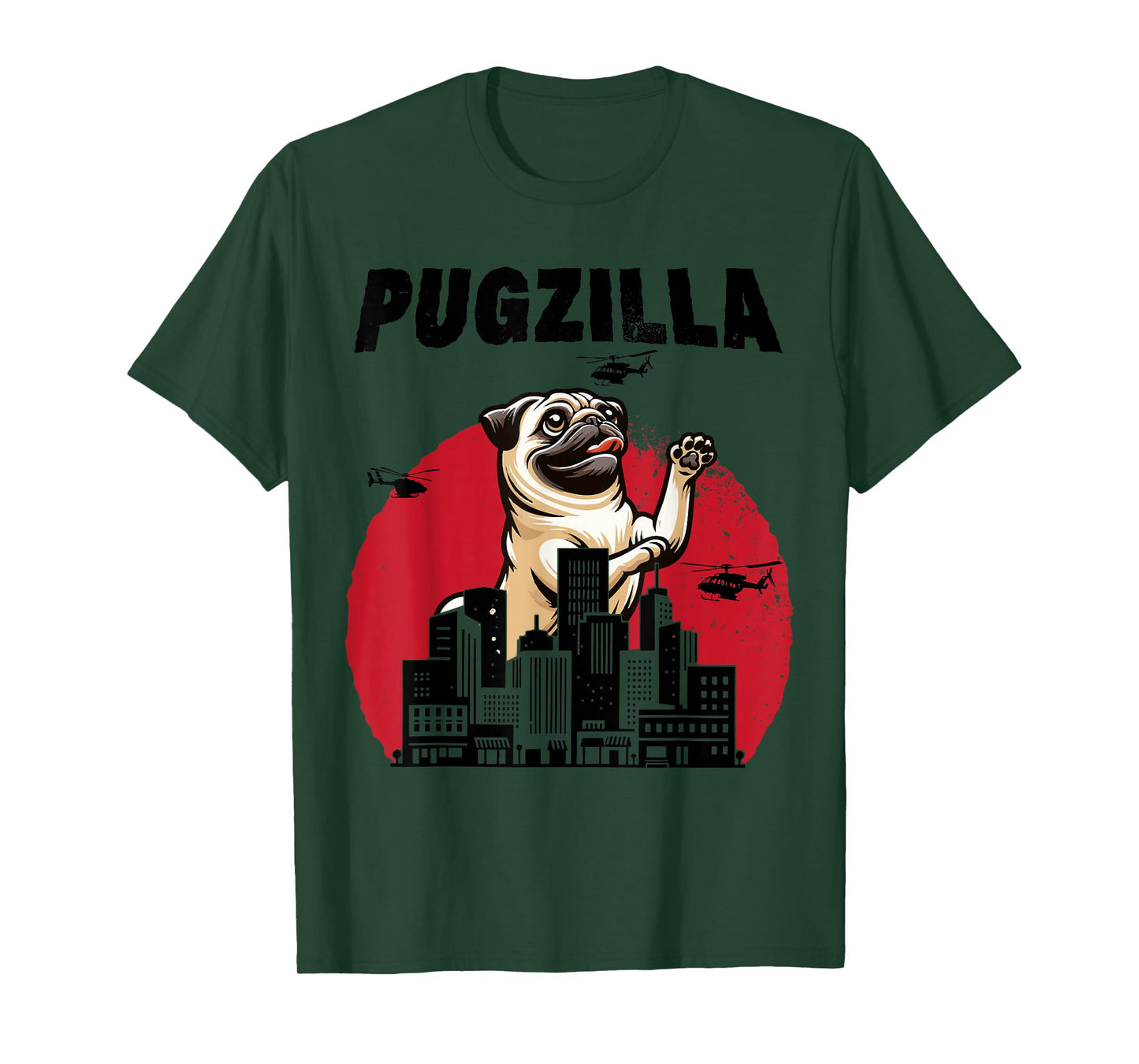 Pugzilla Funny Giant Pug Puppy in Classic Horror Japan City T-Shirt