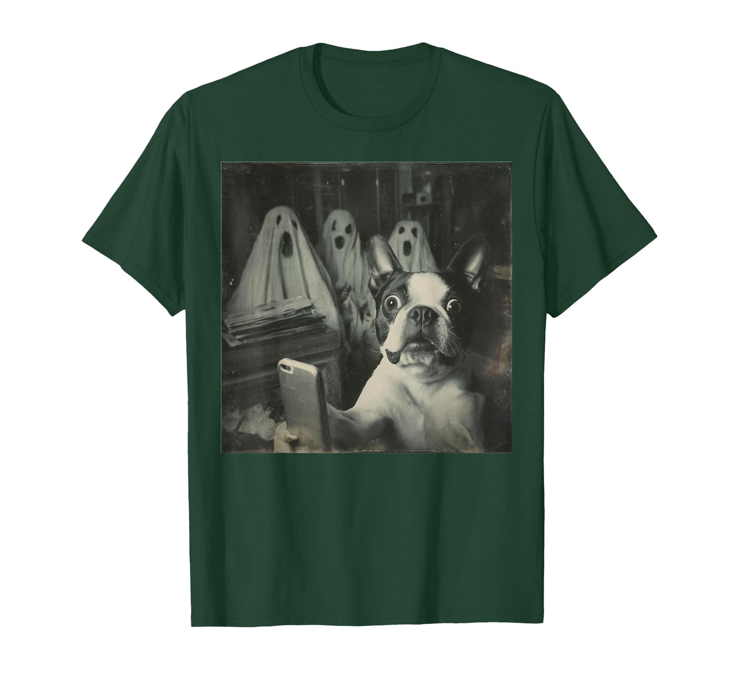 Funny Boston Terrier Selfie with Ghosts, Halloween Dog Lover T-Shirt