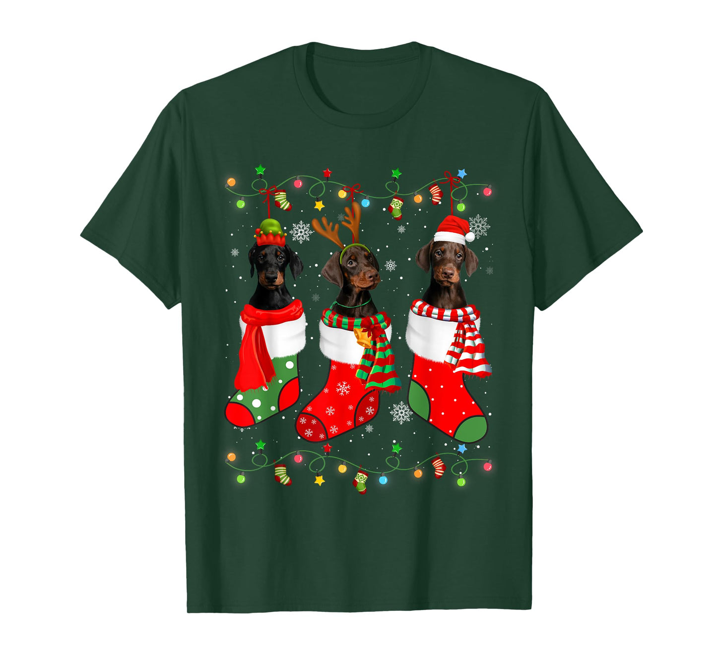 Doberman Dog Christmas Socks Santa Hat Xmas Lights T-Shirt
