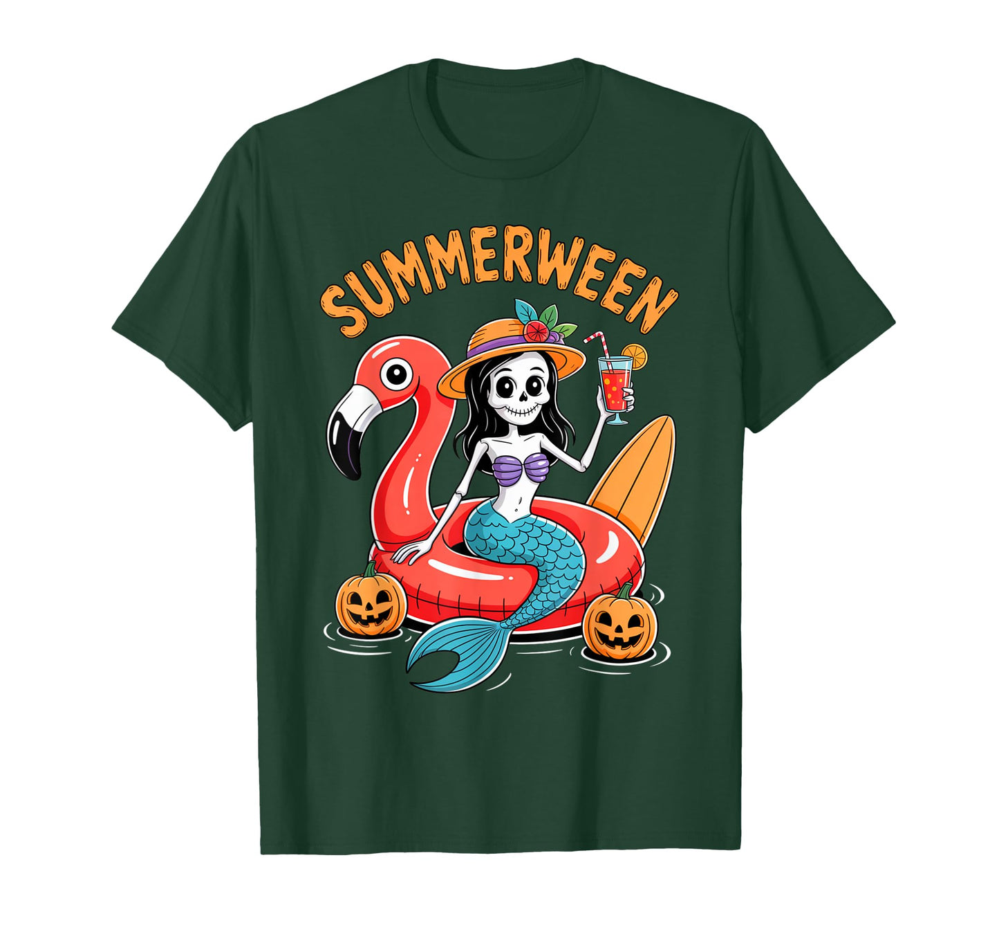 Summerween Mermaid Skeleton Beach Flamingo Halloween Girl T-Shirt