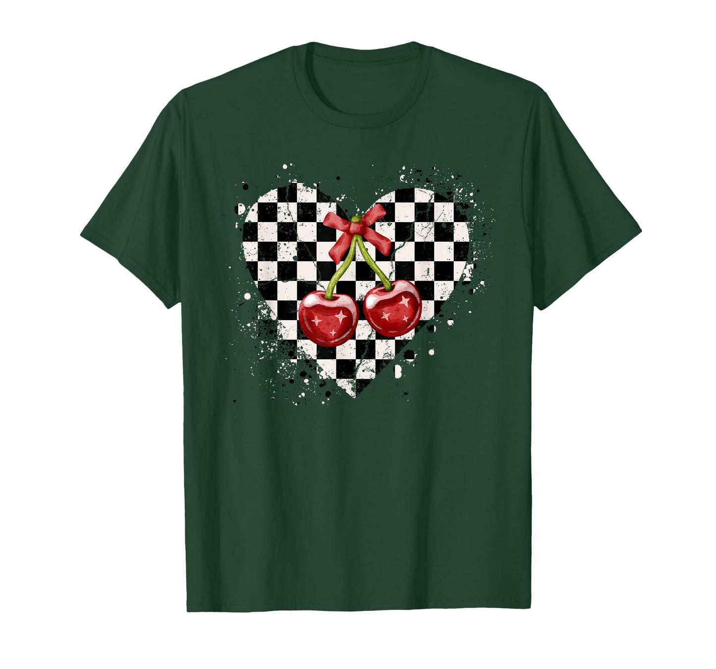 Checkered Black White Coquette Bow Red Cherries Heart Retro T-Shirt