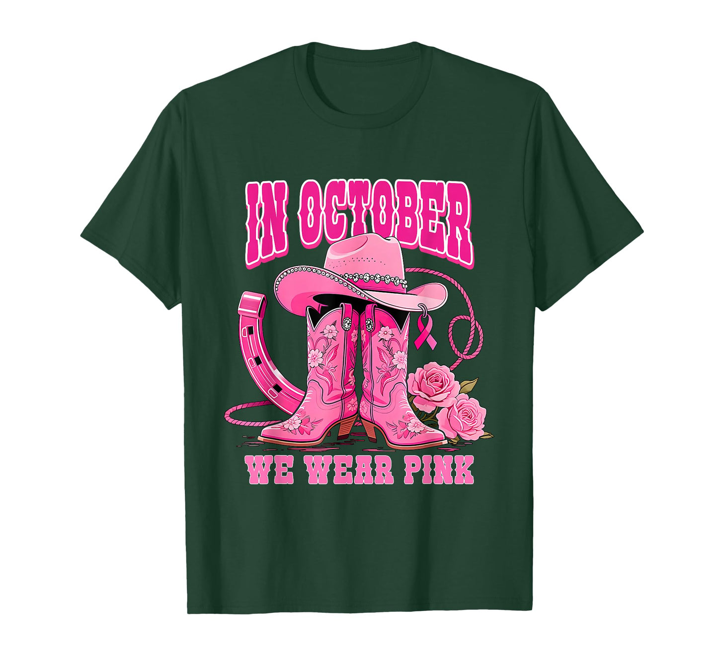 Western Cowgirl in October We Wear Pink Breast Cancer Ribbon T-Shirt