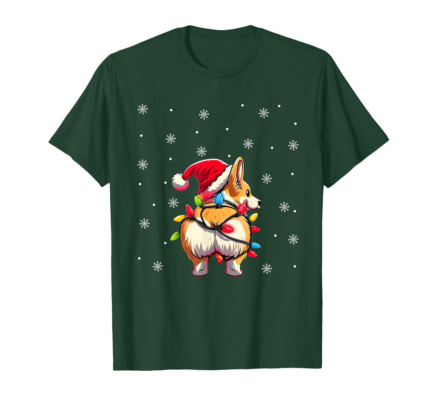 Corgi Butt Funny Santa Hat Christmas Snowflakes Lights T-Shirt