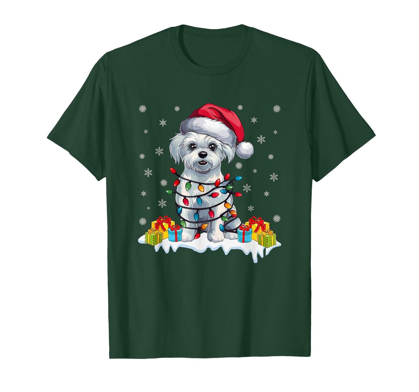 Xmas Lighting Maltese Dog Wearing Santa Hat Ugly Christmas T-Shirt