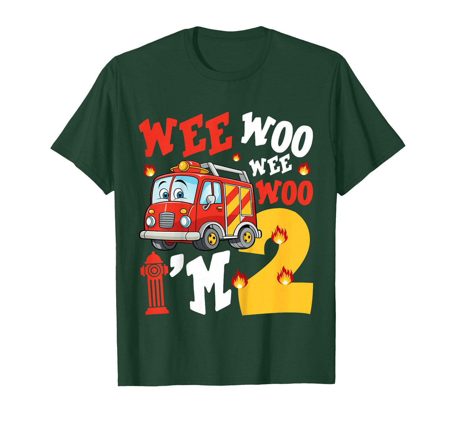Kids Wee Woo I'm 2 Years Old Red Fire Truck Boys 2nd Birthday T-Shirt