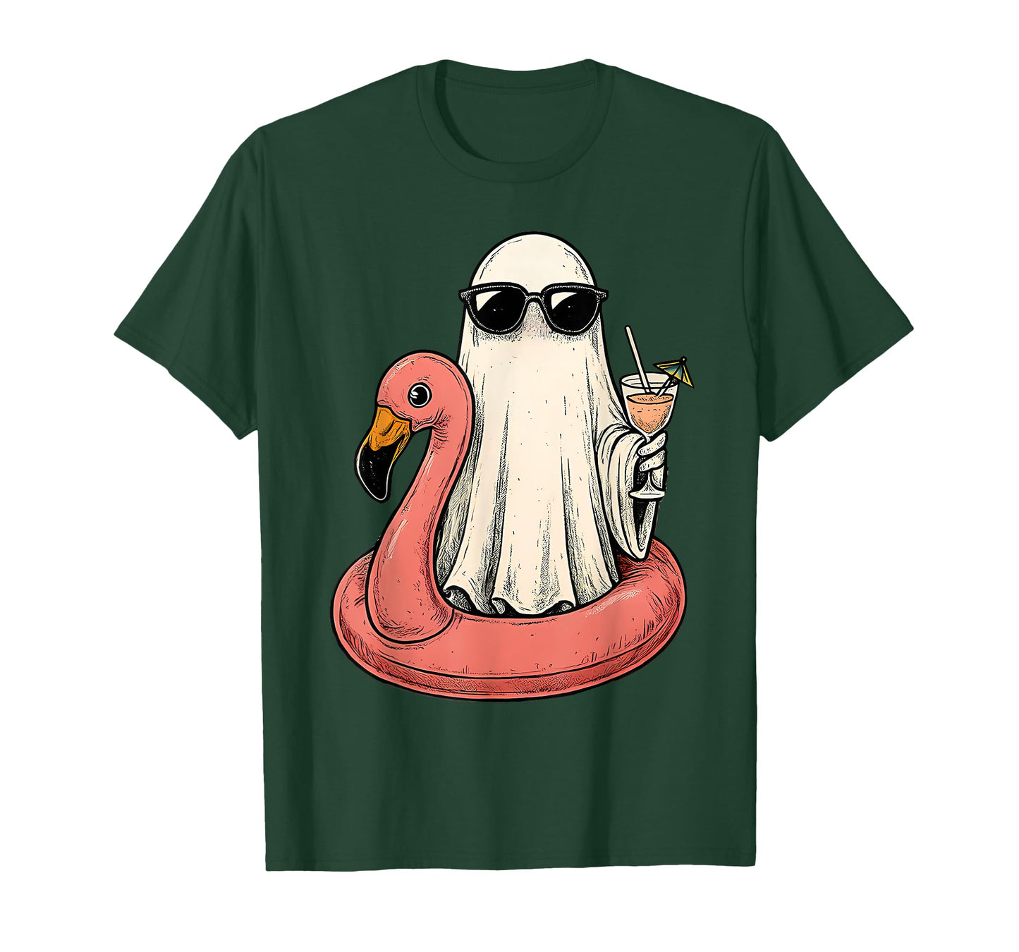 Summerween Ghost With Flamingo Floatie Womens Halloween Top T-Shirt