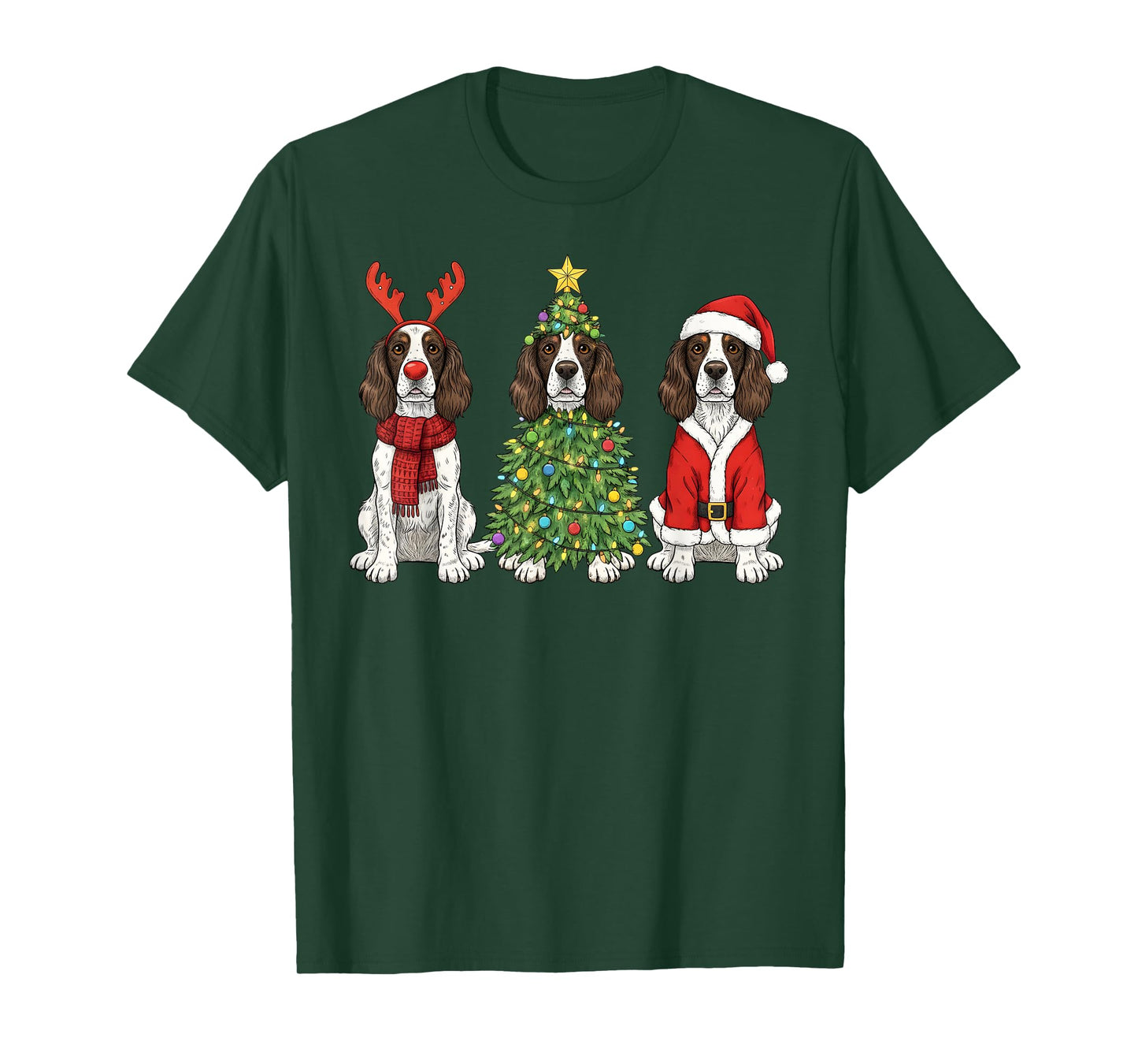 Retro Christmas English Springer Spaniel Santa Reindeer Dog T-Shirt
