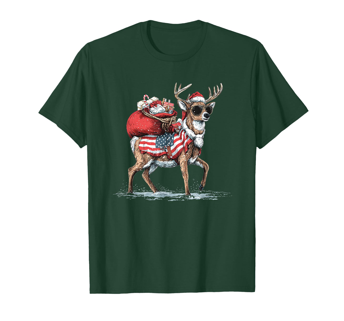 Cool Santa's Reindeer with Sunglasses and US Colors T-Shirt