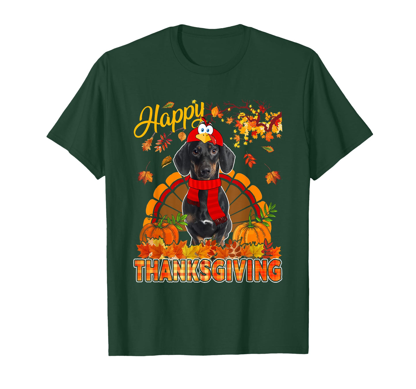 Thanksgiving Dachshund Wearing Turkey Costume Fall Leaves T-Shirt
