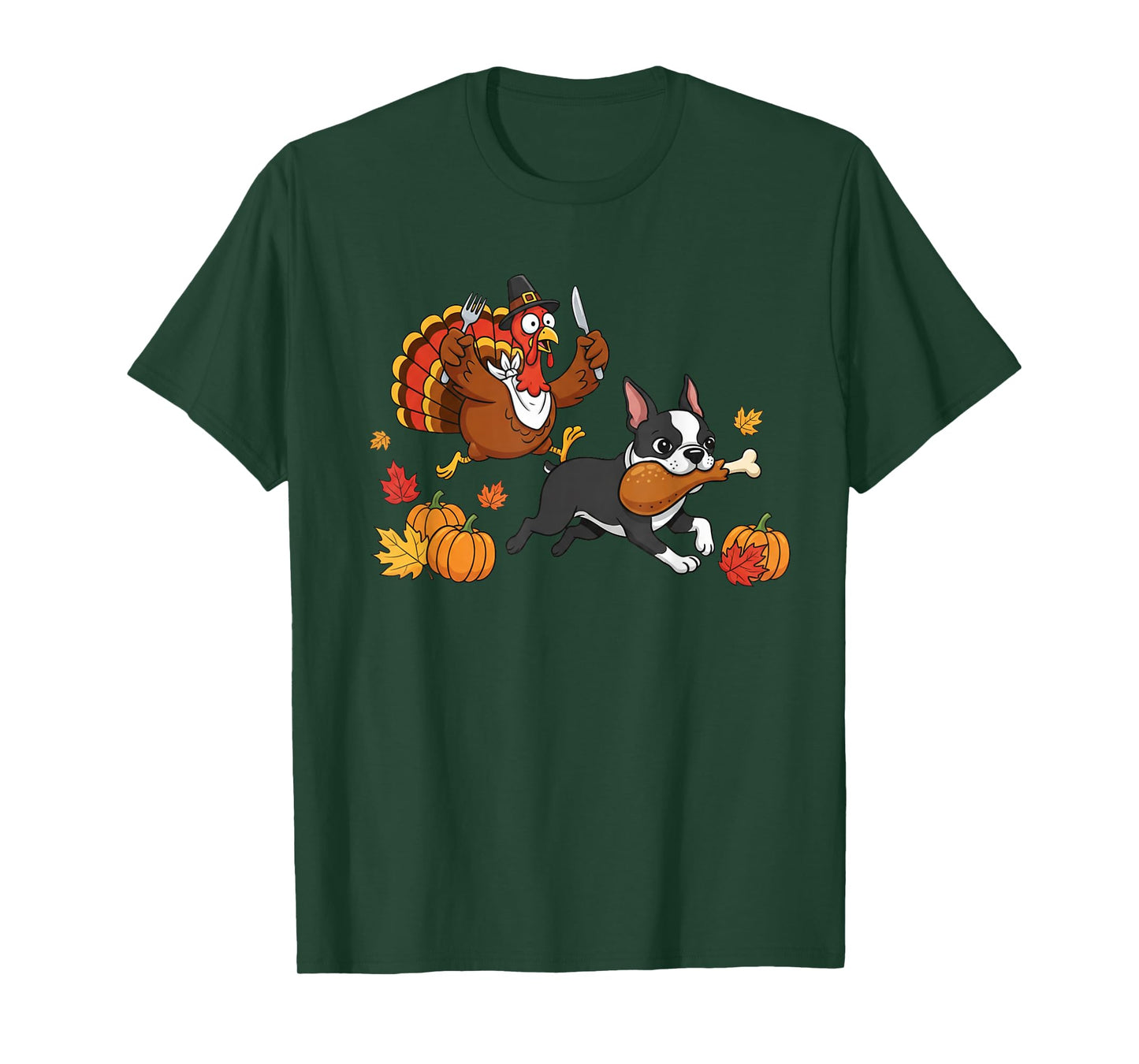 Boston Terrier Turkey Autumn Thanksgiving Womens Mens Kids T-Shirt