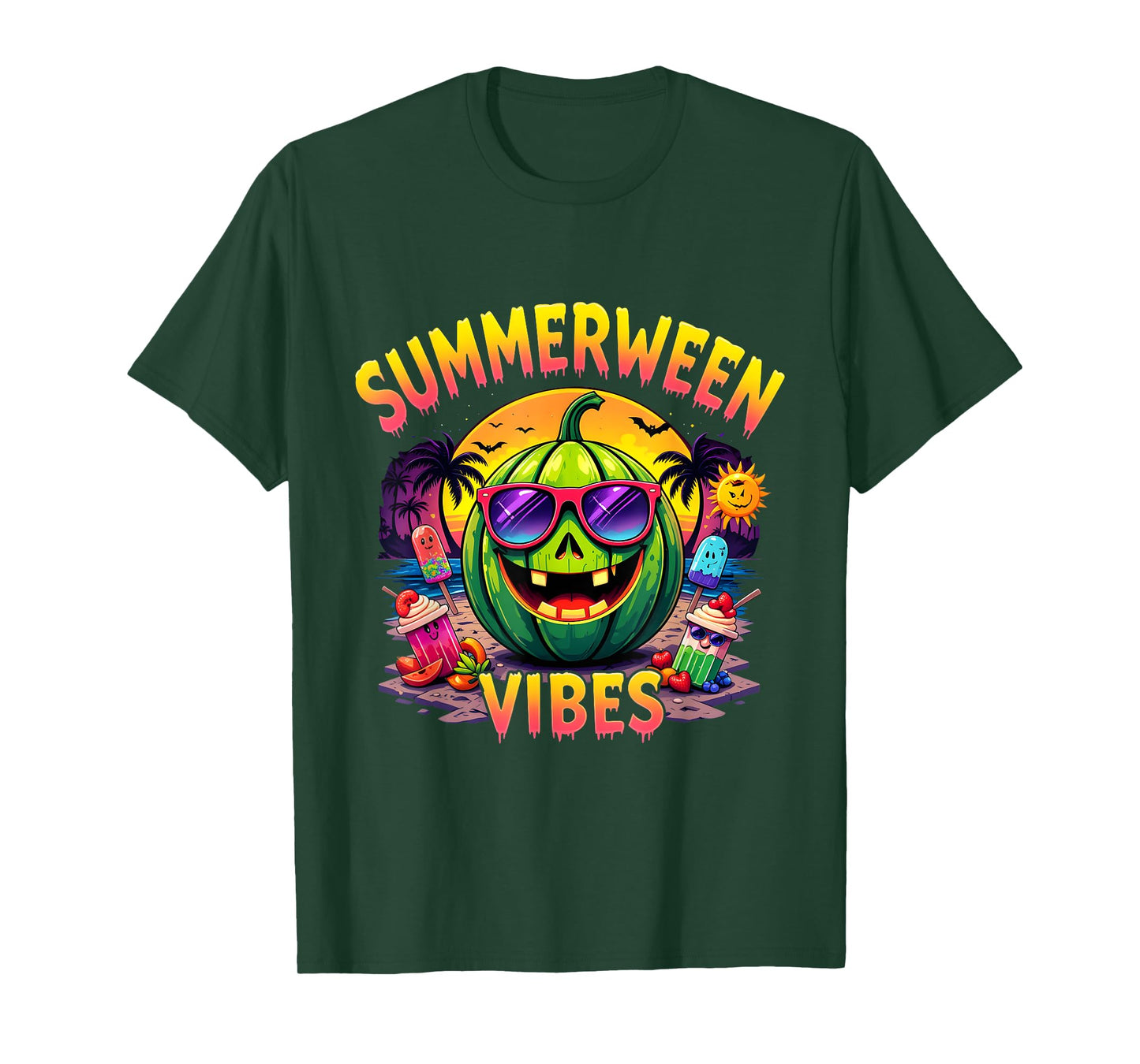 Summer Watermelon Jack-O-Lantern Summerween Vibes Skeleton T-Shirt