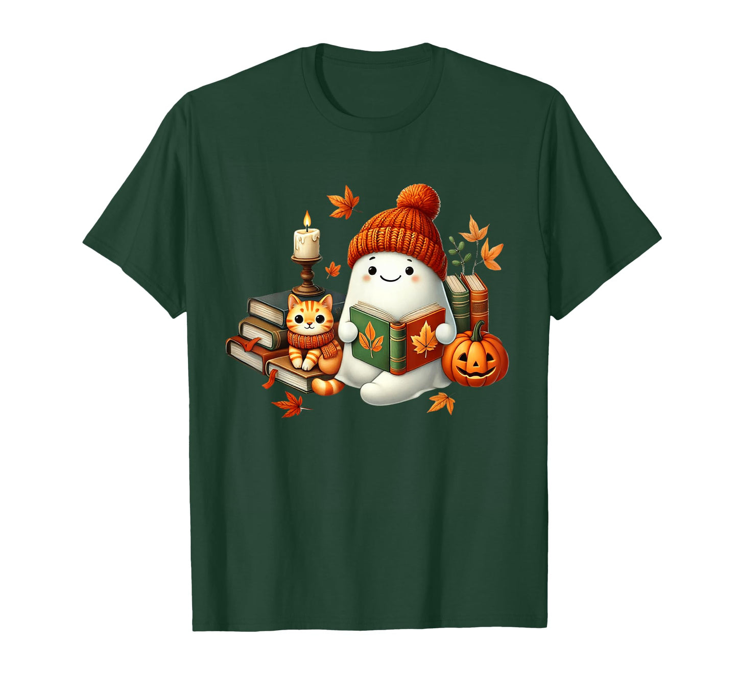 Cute Bookworm Ghost with Cat Trick or Treat Halloween Funny T-Shirt