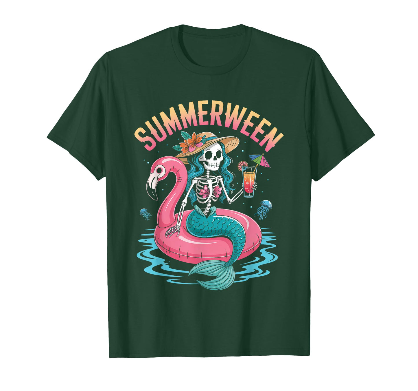 Summerween Mermaid Skeleton Beach Flamingo Halloween Girl T-Shirt