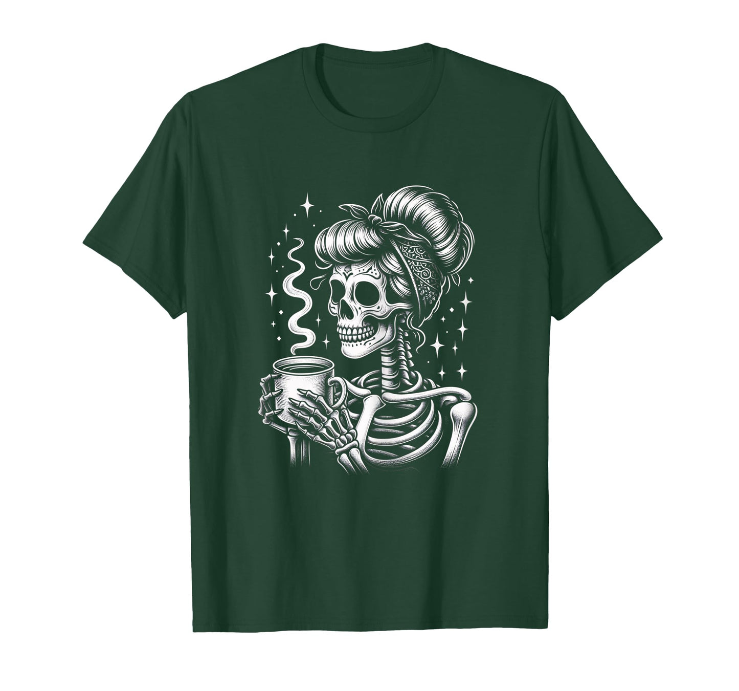 Halloween Skeleton Messy Bun Coffee Funny Costume Mom Women T-Shirt