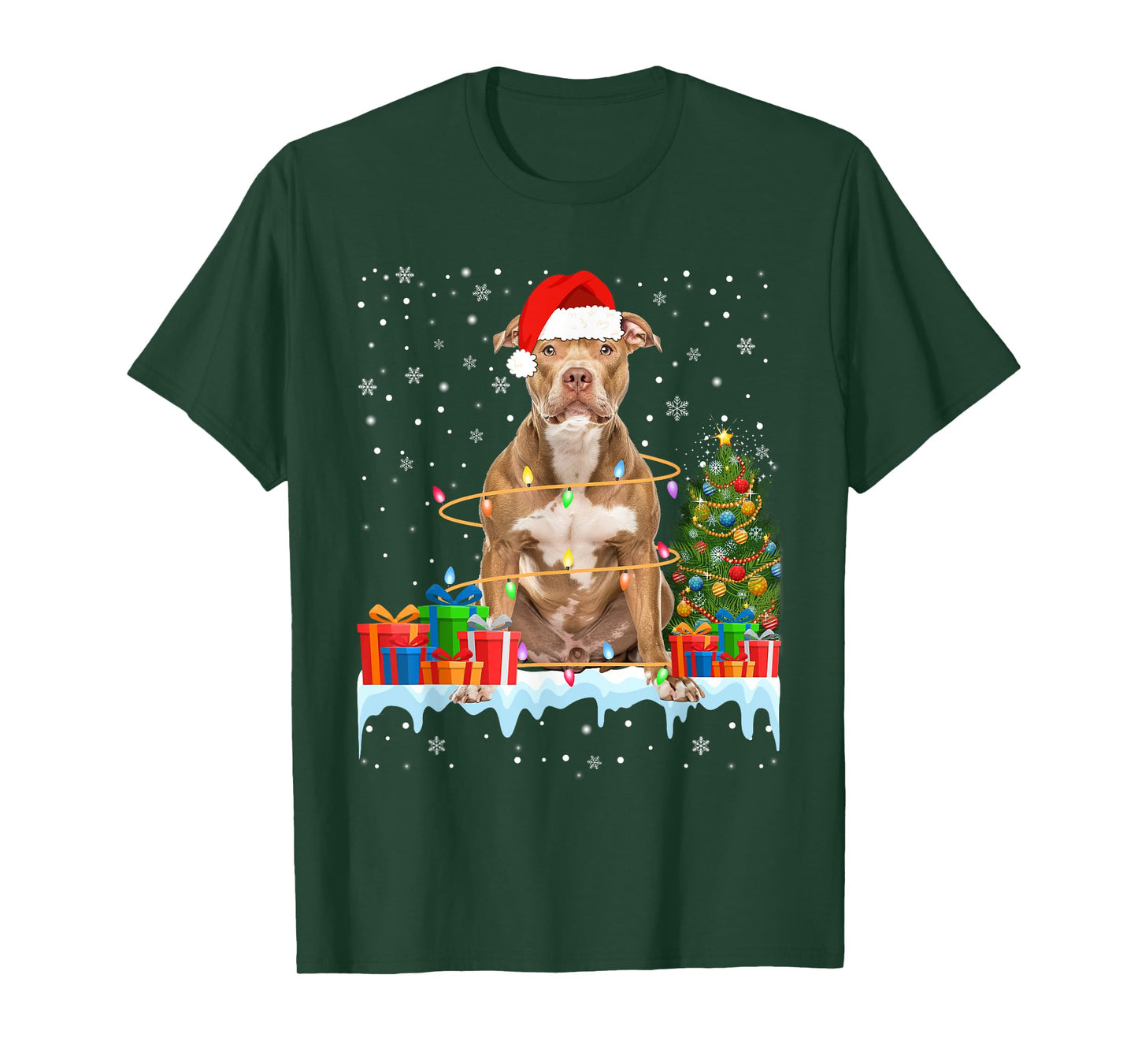 Funny Santa Pitbull Dog Christmas Lights Xmas Pajamas Men Women Kids T-Shirt