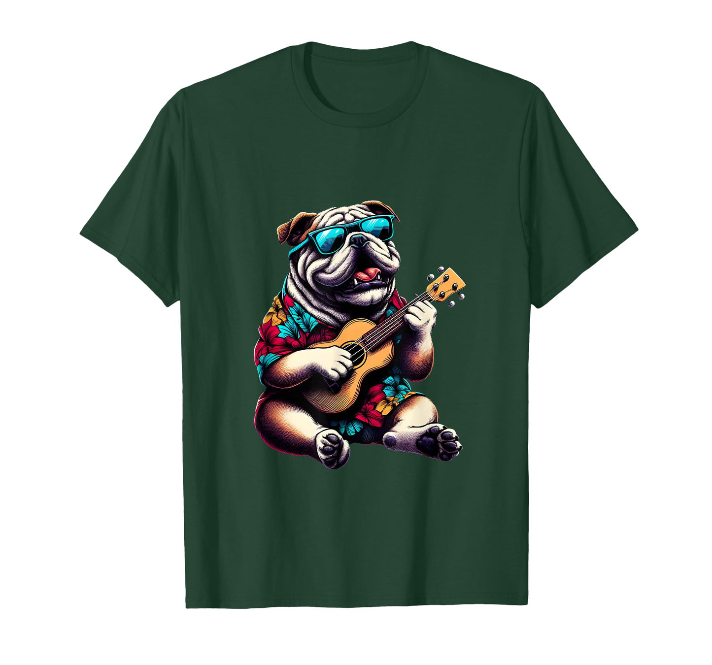 Bulldog Wearing a Hawaiian Shirt, Playing a Ukulele T-Shirt for Men Women Kids