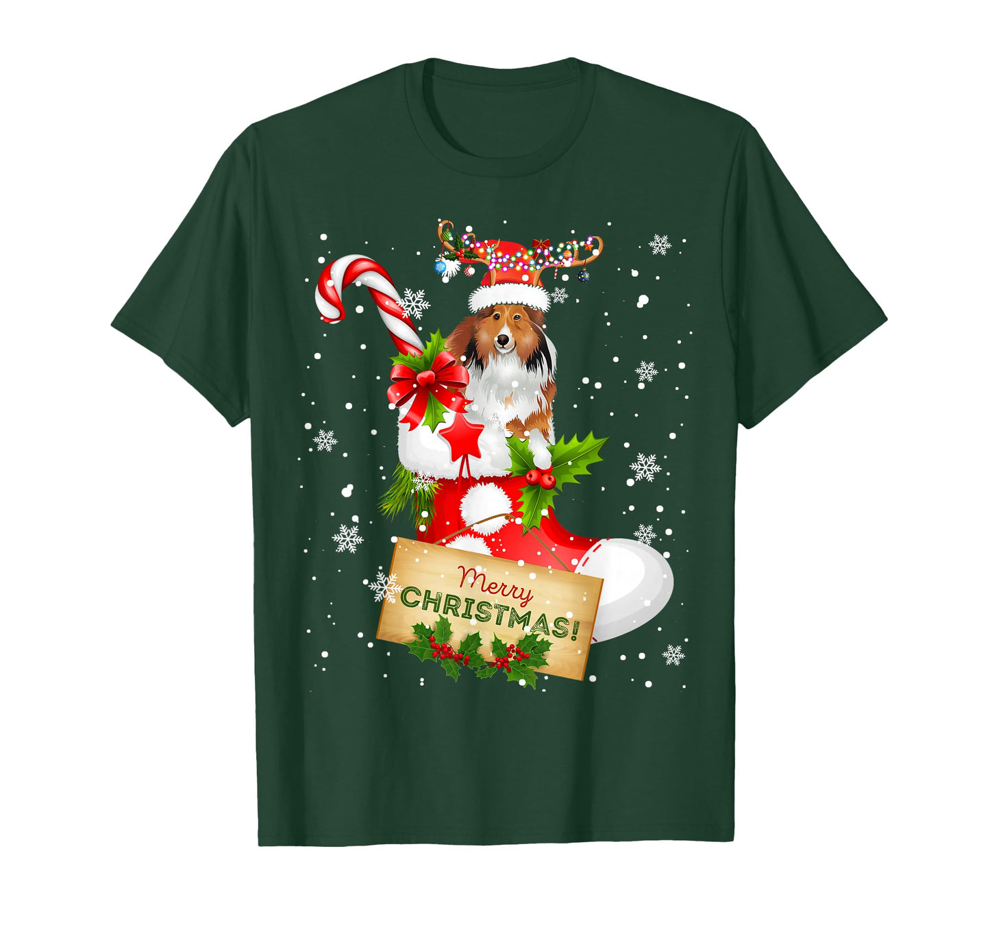 Merry Christmas Xmas Lights Santa Reindeer Sheltie In Sock T-Shirt