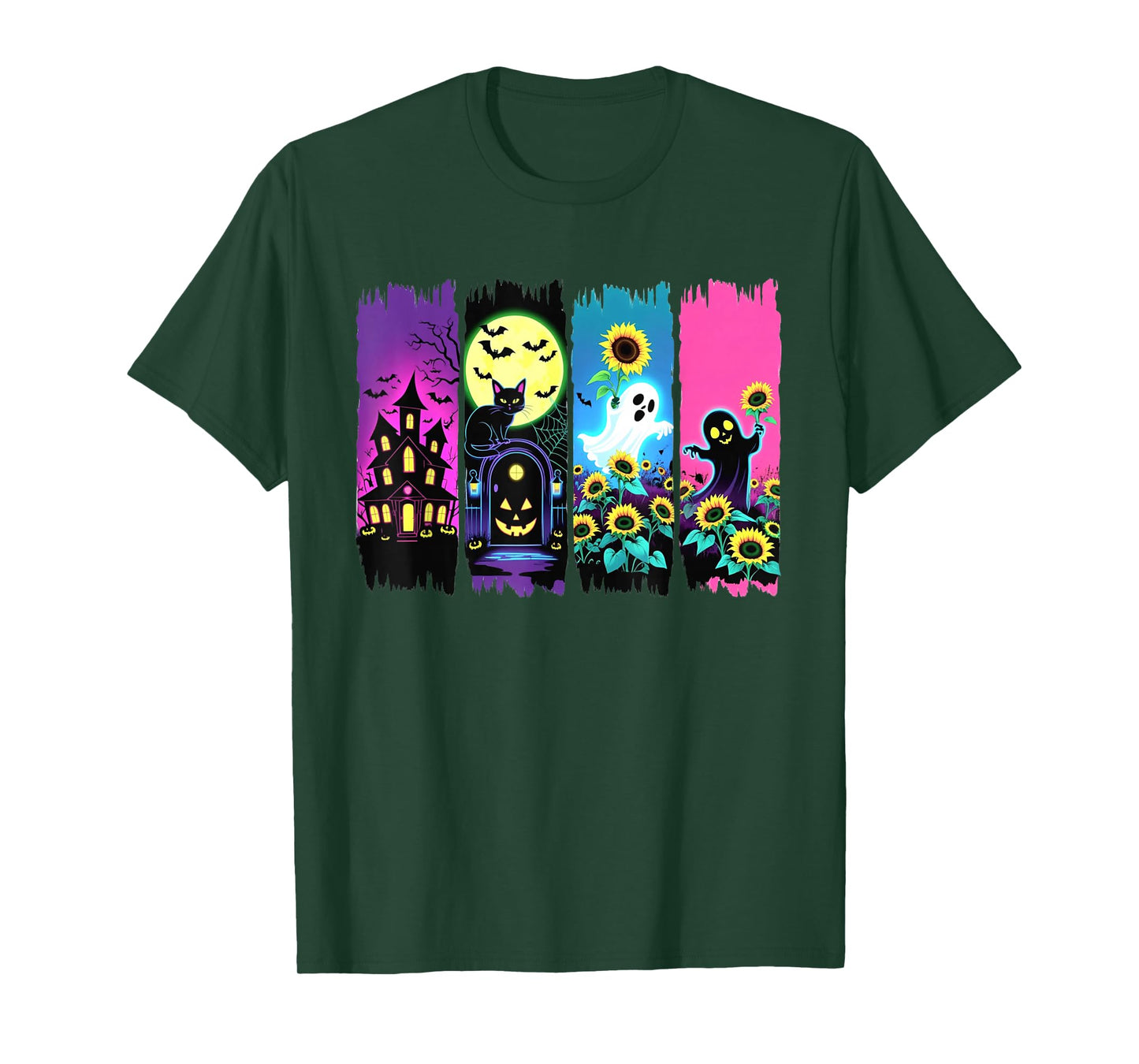 Colorful Halloween Ghosts and Sunflowers Brushstroke Design T-Shirt