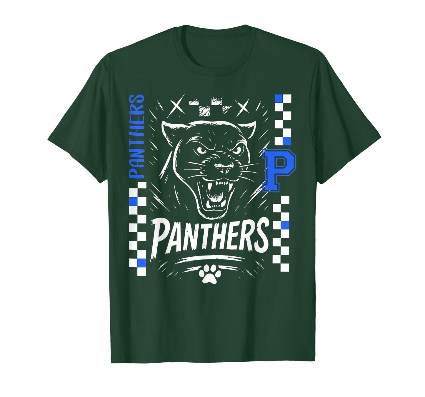 Retro Checkered School Spirit Panthers Cheer Paw T-Shirt