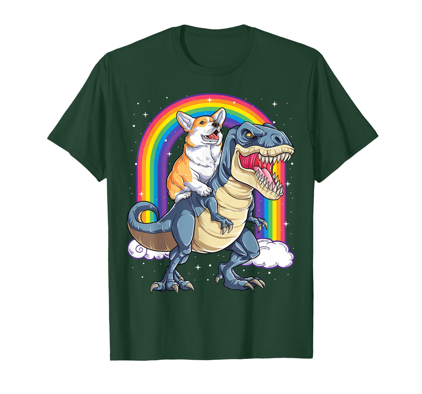 Corgi Riding Dinosaur T-rex Boys Girls Space Galaxy Rainbow T-Shirt