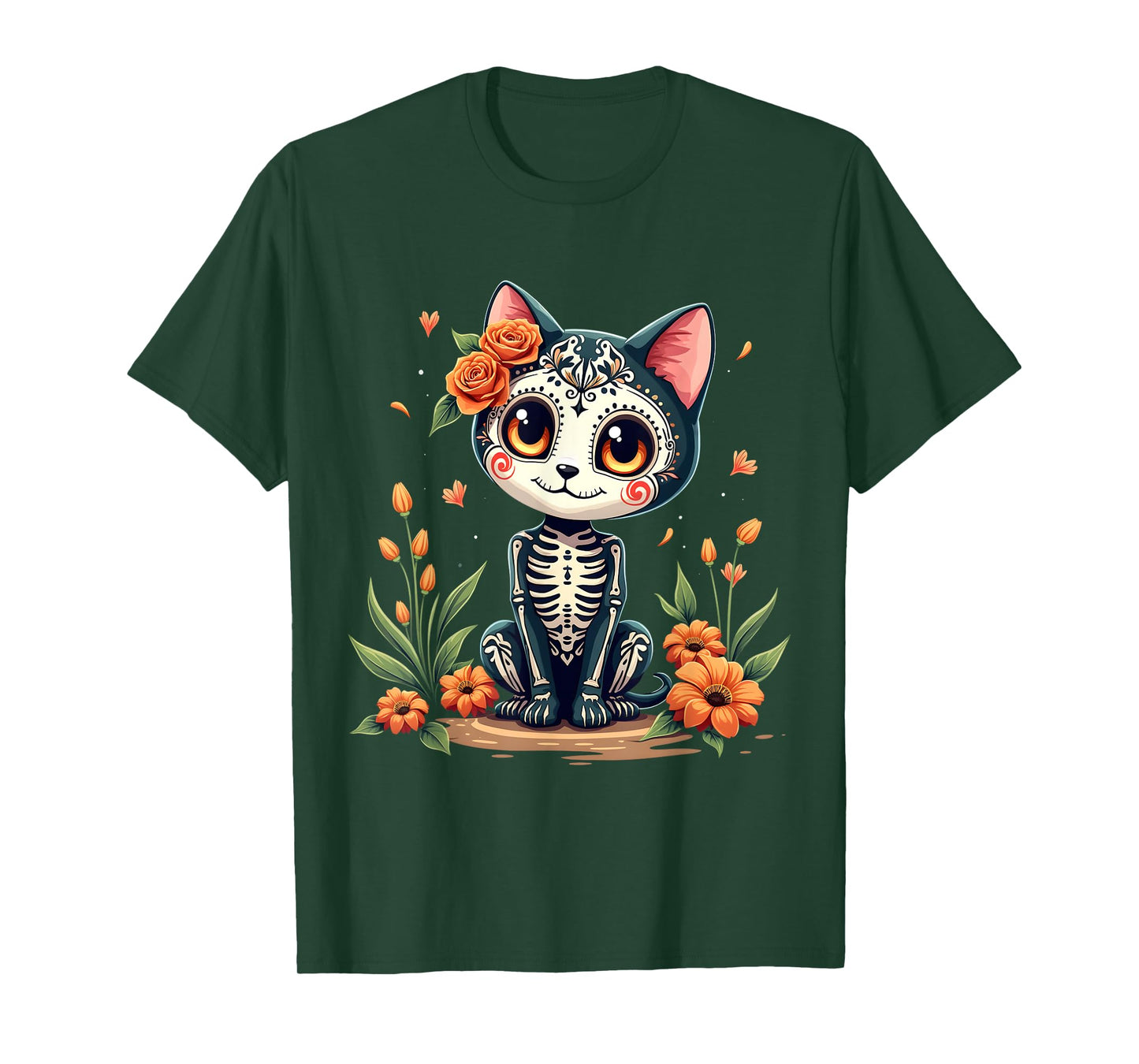 Colorful Sugar Skull Cat Tee Mexican Halloween T-Shirt for Men Women Kids