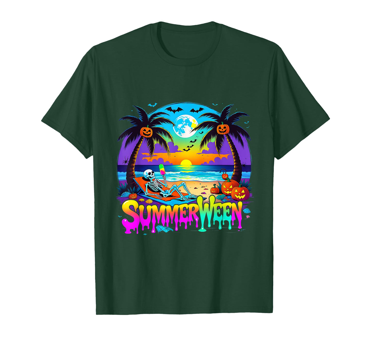 Summerween Skeleton Ghost Beach Funny Spooky Halloween T-Shirt