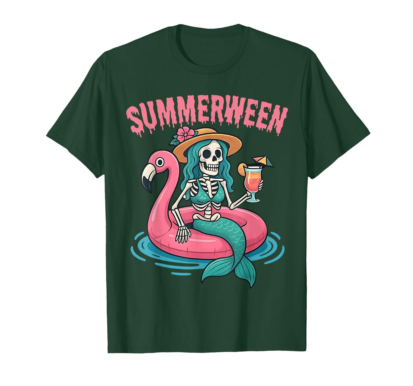 Summerween Mermaid Skeleton Beach Flamingo Halloween Girl T-Shirt