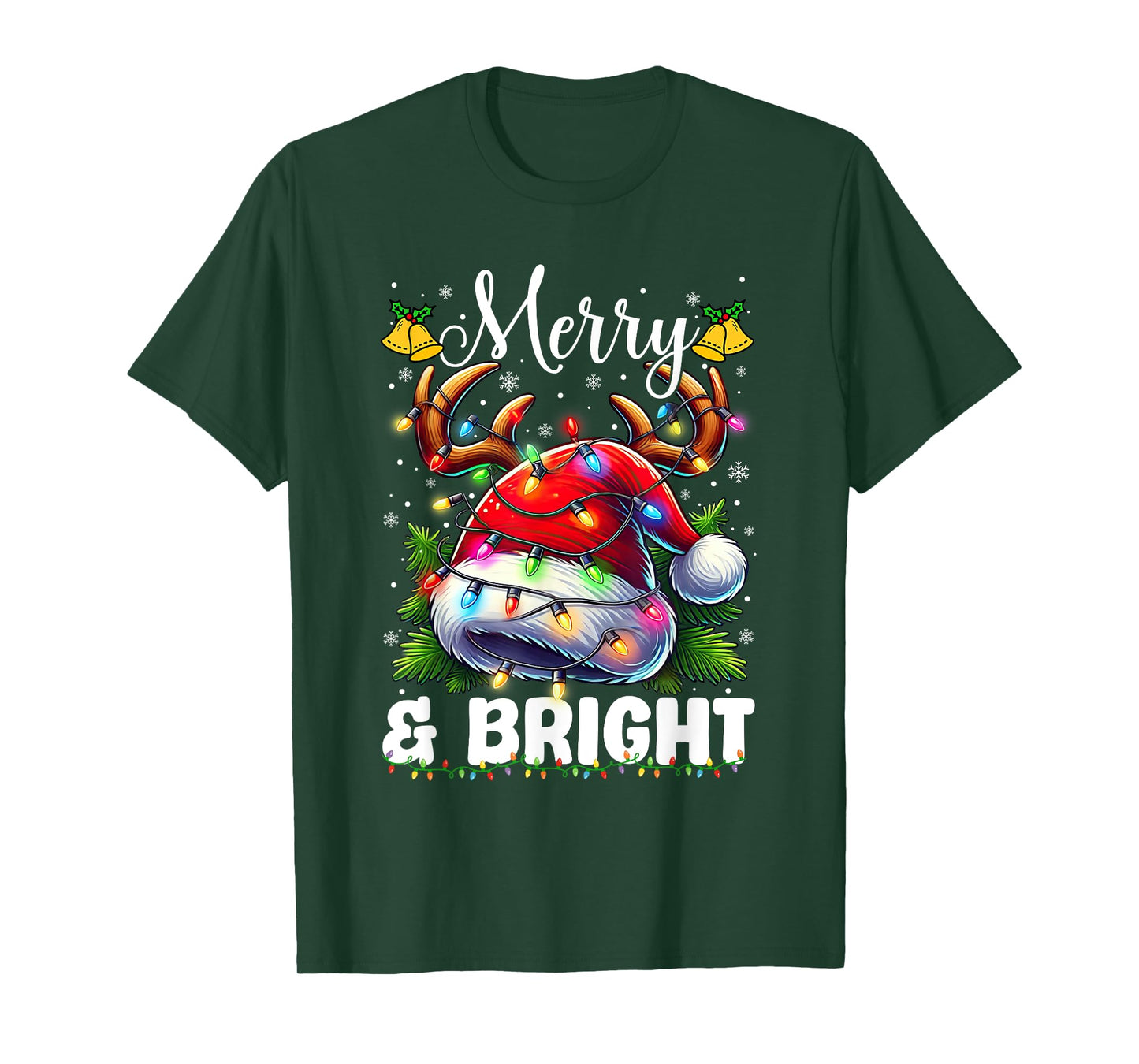 Merry and Bright Light Christmas Red Santa Hat Reindeer Xmas T-Shirt