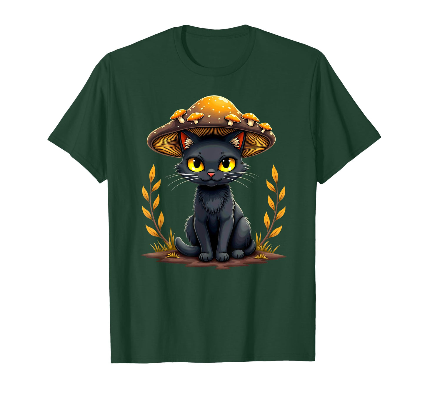 Creepy Black Cat With Mushroom Hat Halloween T-Shirt
