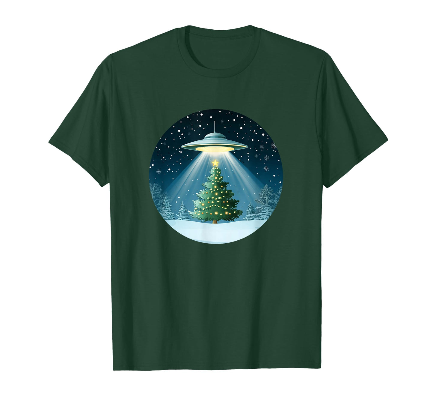 Christmas Tree Beamed by UFO for Interstellar Holiday Joy T-Shirt