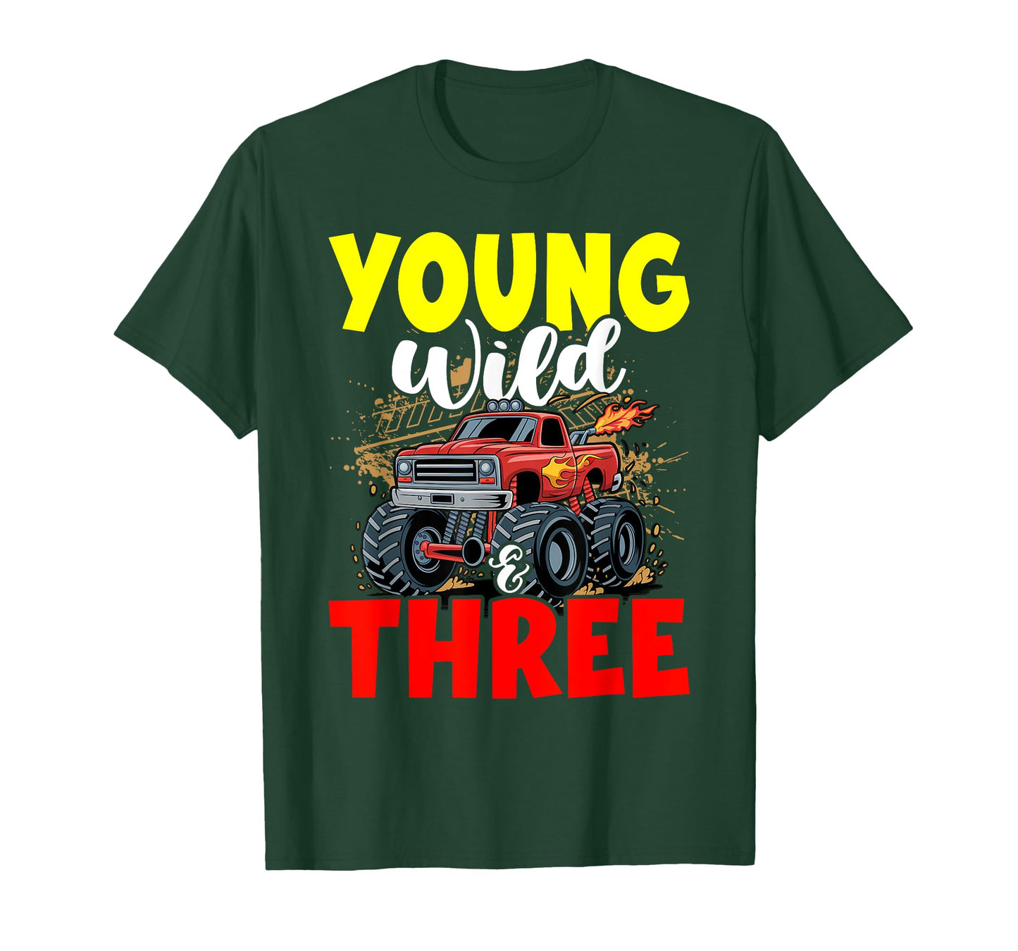 Kids Young Wild Three 3rd Birthday Boy Monster Truck 3 Years T-Shirt