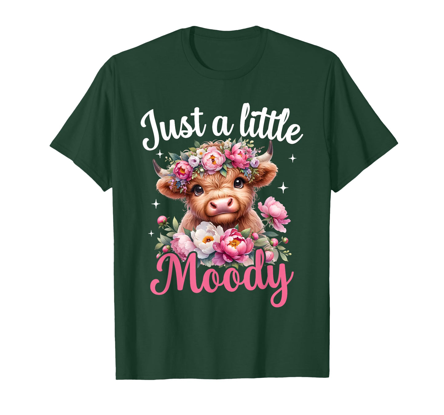 Just A Little Moody Highland Cow Flower Girls Women Cow Farm T-Shirt
