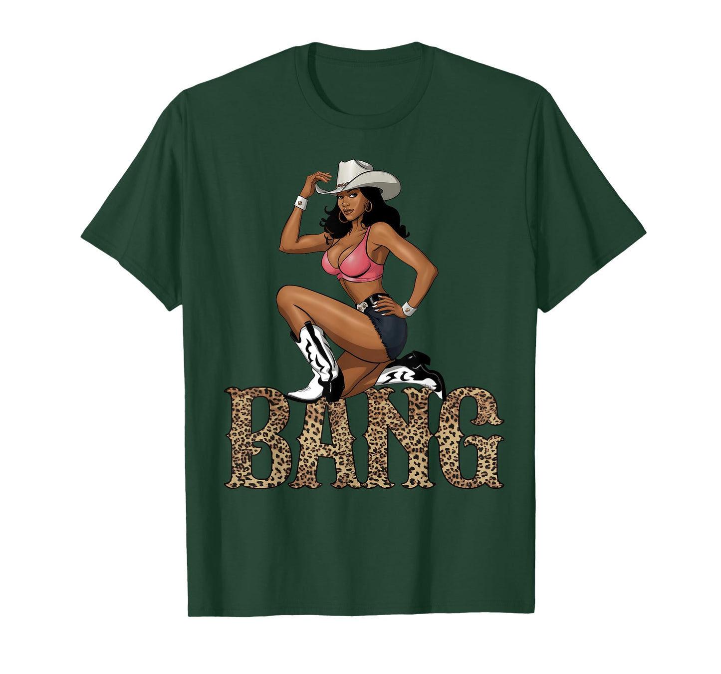 Black Cowgirl Western Cowboy Rodeo Bang Leopard Print T-Shirt