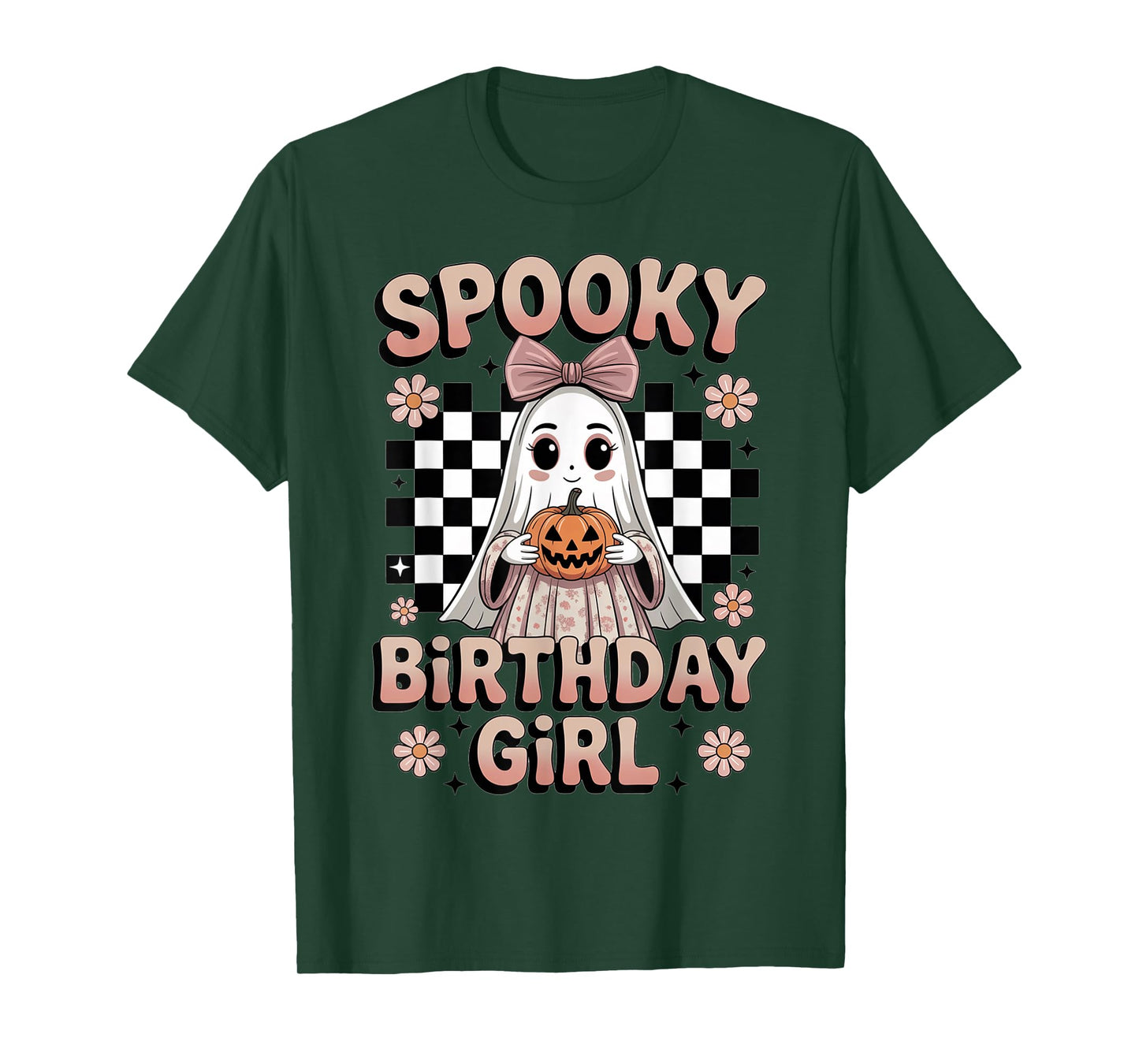 Halloween Birthday Girl Ghost Bow Pumpkin Checkered Spooky T-Shirt