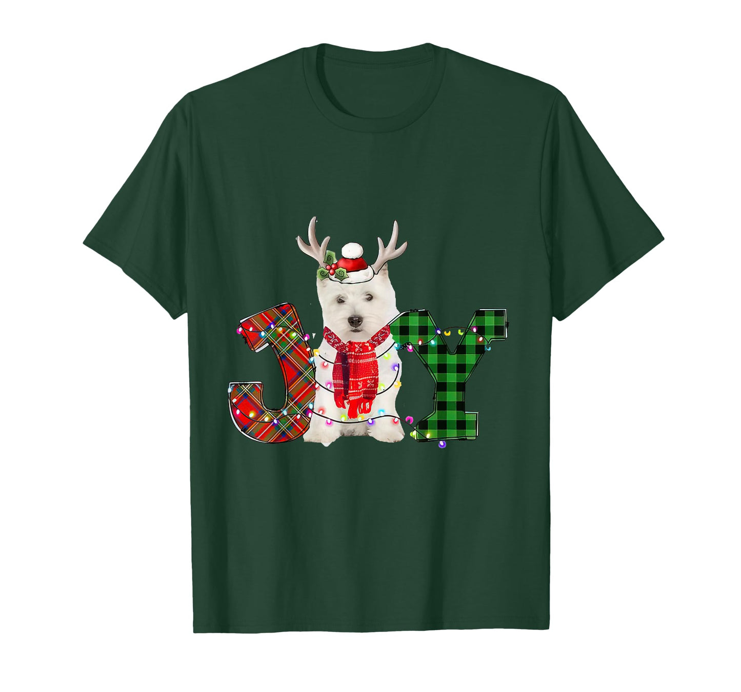 Joy Christmas Lights West Highland White Terrier Dog Santa T-Shirt for Men Women Kids