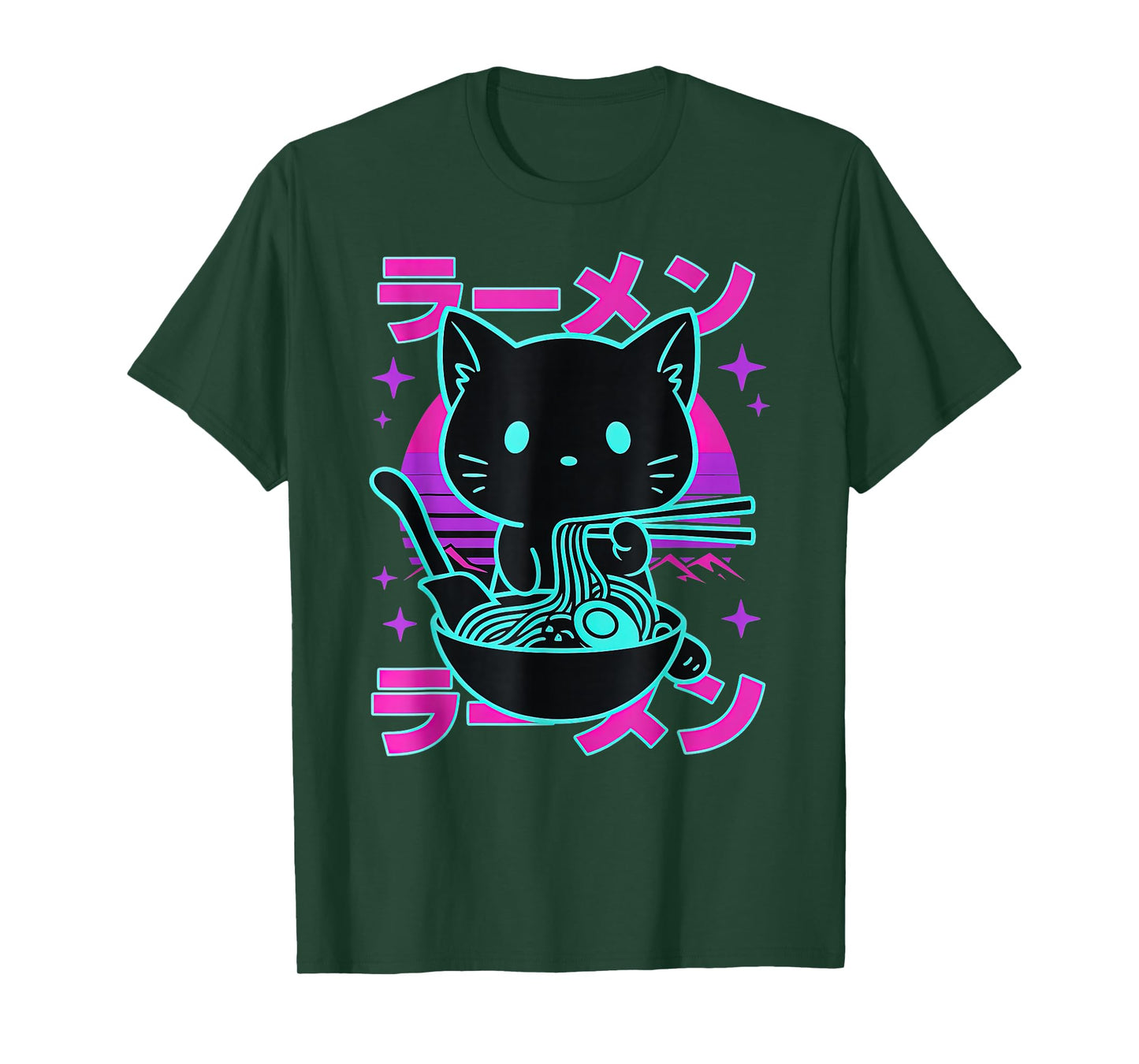 Ramen Cat Retro Sunset Funny Noodle Lover Graphic T-Shirt