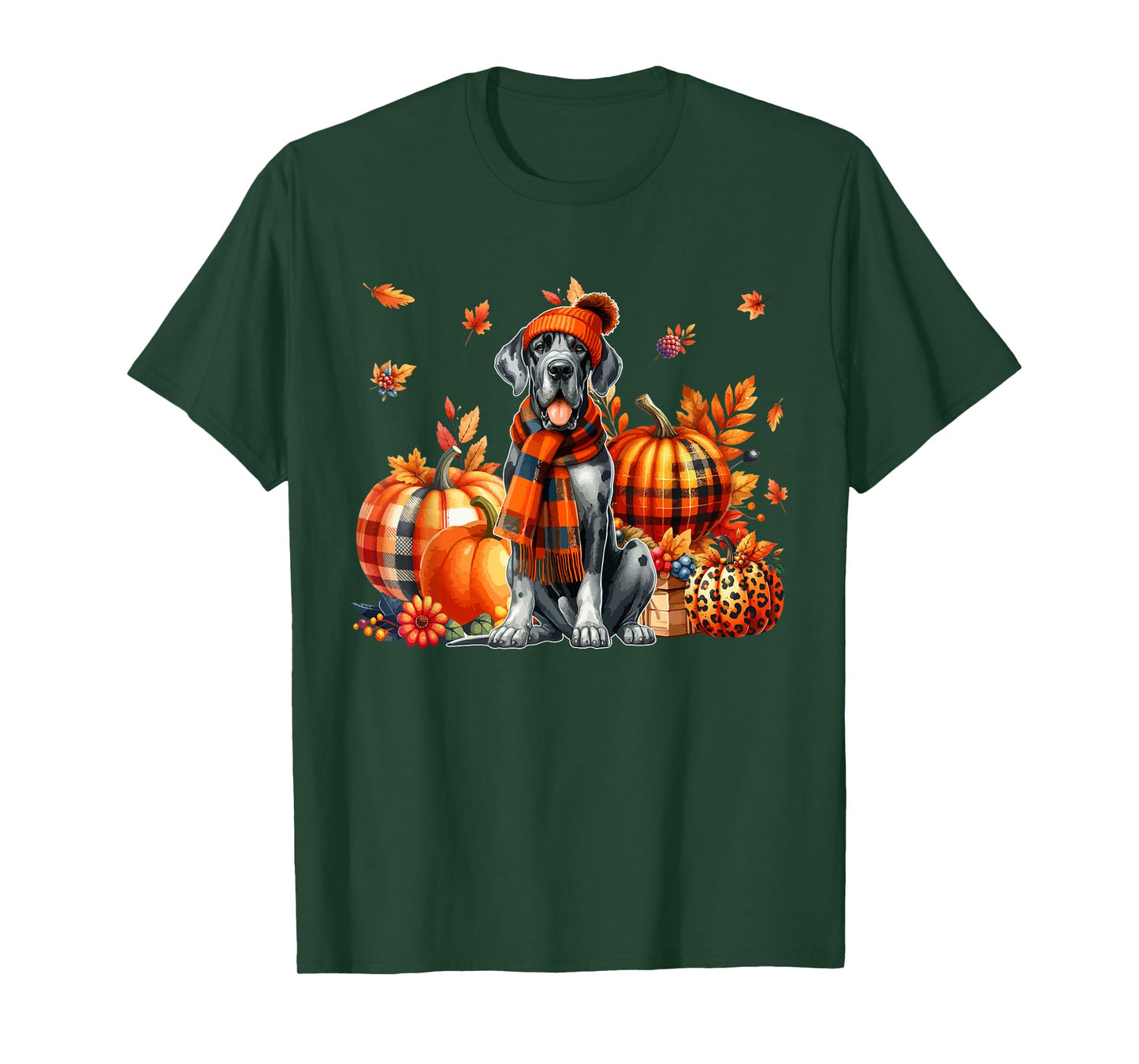 Great Dane Thanksgiving Leopard Pumpkins Fall Leaves Lover T-Shirt