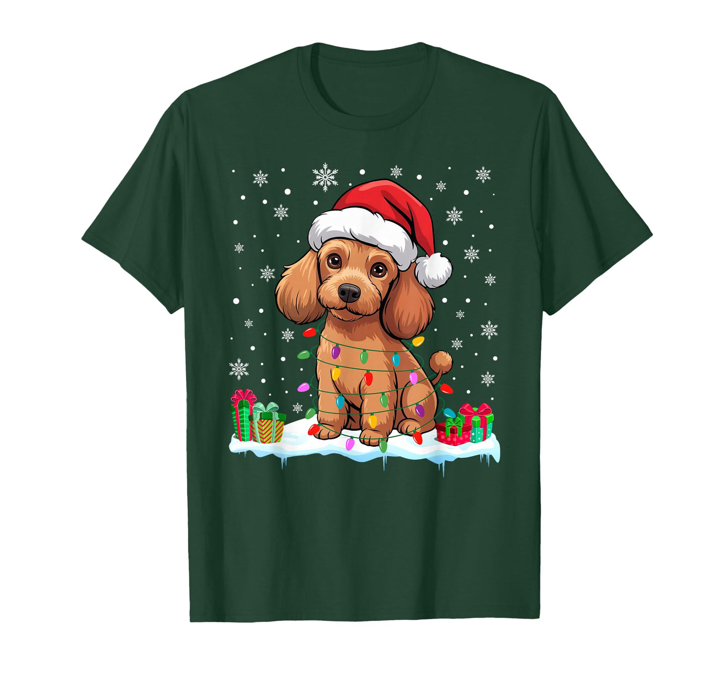 Poodle Dog Christmas Lights Decor Funny Santa Hat Ugly Xmas T-Shirt